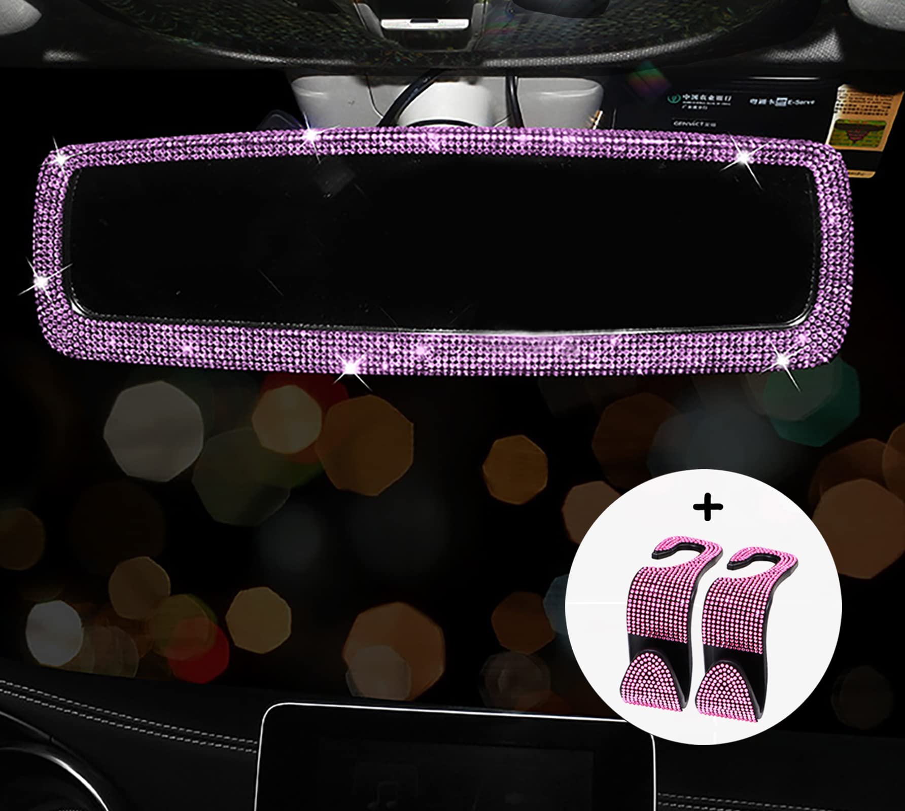 Pink Diamond Bling Rear View Mirror Cover & 2PCS Car Seat Hooks - Universal Car Accessories for Women & Girls | Perfect for Car Interior Decoration & Gift Giving