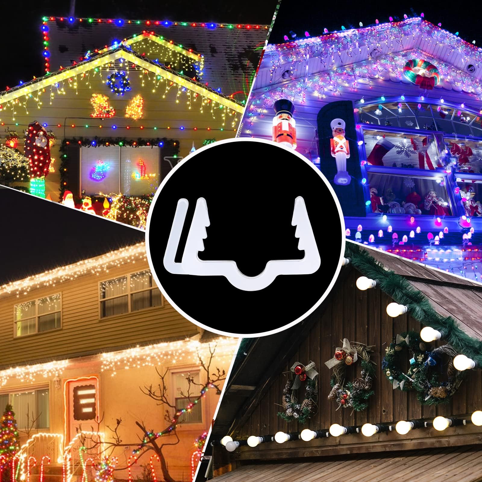 100PCS Christmas Light Clips for Fascia Board & Deck Banister - Heavy Duty Plastic Hangers for Indoor/Outdoor Holiday Lights (Fits 3/4''-7/8'' Thickness) - Perfect for Roof, Gutters & Railings