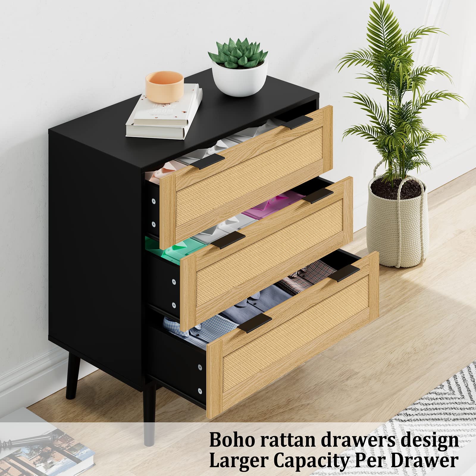 3 Drawer Dresser for Bedroom - Modern Wooden Chest of Drawers with Rattan Storage | Black Dresser Organizer for Closet, Living Room, Hallway & Entryway | Perfect for Bedroom Storage, Closet Organization & Home Decor