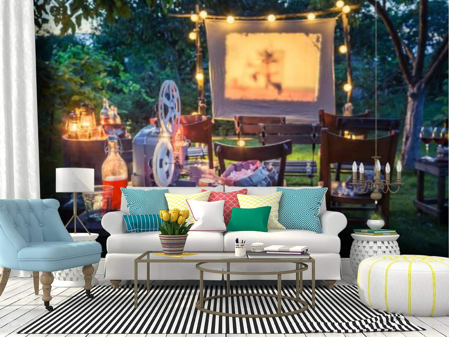 RECETHROWS Summer Cinema Peel and Stick Wallpaper - Self-Adhesive Removable Vinyl Film with Evening Drinks & Popcorn Design - Large Wall Mural for Home Theater Decor, Living Room, Bedroom, or Office