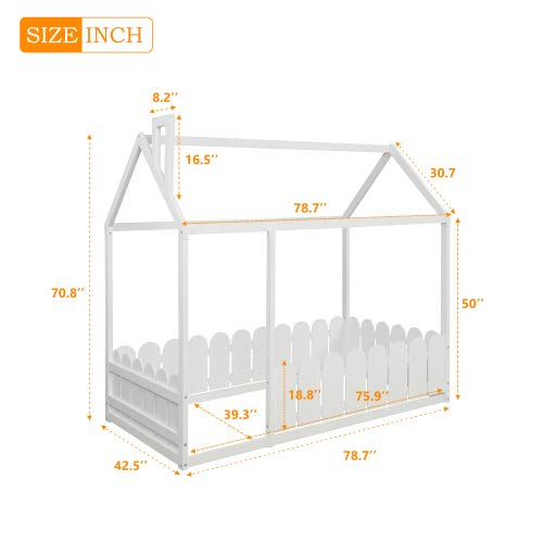 Solid Wood Twin Bed Frame with Safety Fence - Cabin Style Floor Bed for Kids, Nursery Furniture & Play Tent (White) - Perfect for Toddler Rooms, Montessori Bedrooms & Cozy Play Spaces