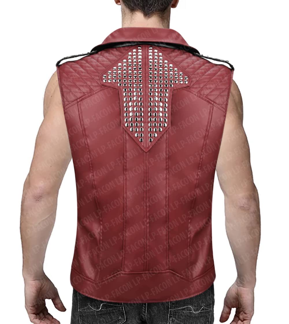 LP-FACON Men's Spiked Studded Rock Punk Red Leather Vest - Motorcycle Biker Jacket (Real/Faux Leather) for Harley Davidson Riders & Rock Concert Outfits