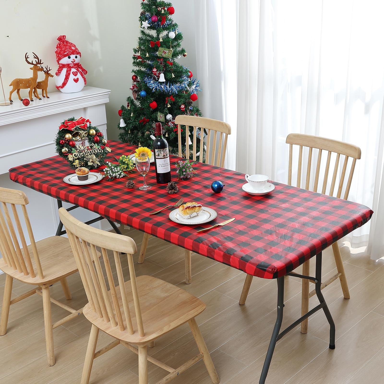 Smiry Rectangle Waterproof Picnic Tablecloth - Elastic Fitted Vinyl Table Cover for 6 Foot Tables, Flannel Backed Buffalo Plaid Design for Outdoor Dining, Camping & Parties (Black & Red, 30x72 Inches) - Perfect for BBQs, Picnics, Tailgating & Holiday Gatherings