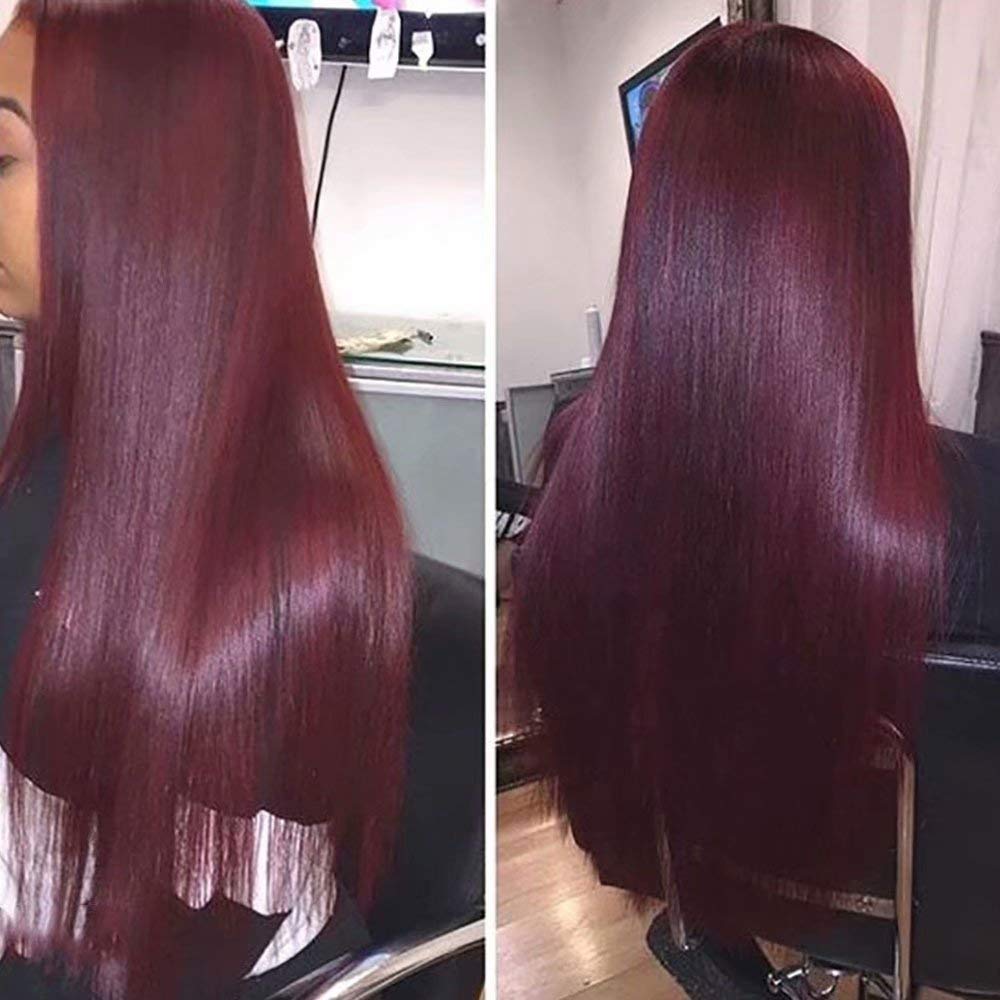 99J Red Burgundy Straight HD Transparent 13X6 Lace Front Human Hair Wig - Pre-Plucked with Baby Hair, Bleached Knots, 150% Density Brazilian Remy Hair, 24 Inch Deep Part Wig for Daily Wear, Cosplay & Special Occasions