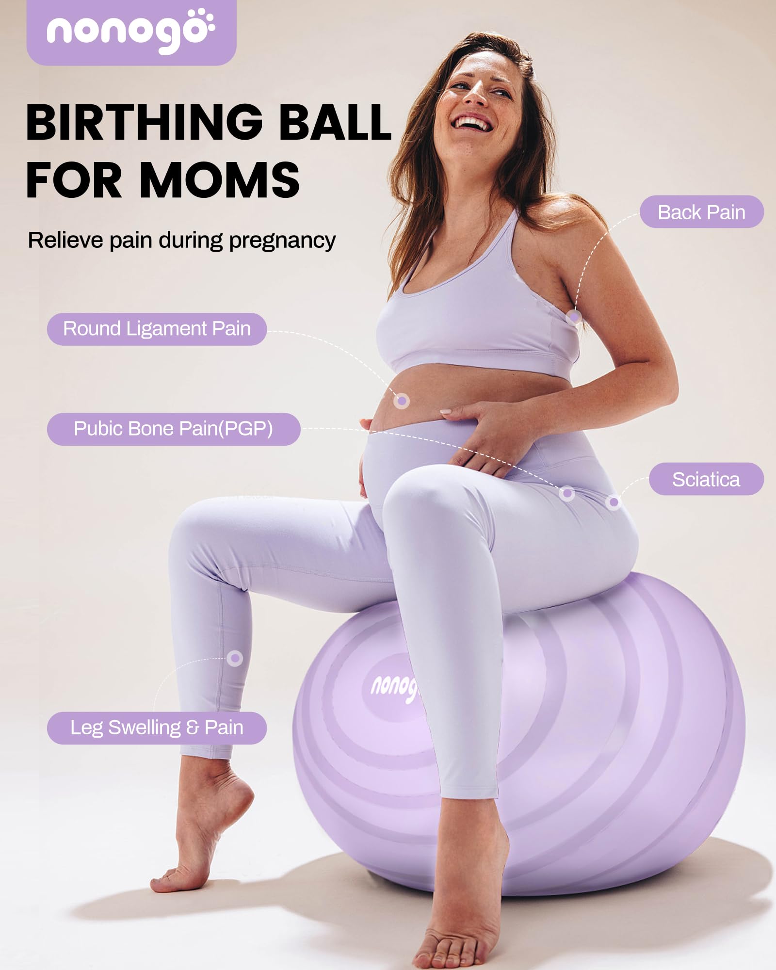 Nonogo Birthing Ball for Pregnancy with Resistance Bands - Exercise Ball for Yoga, Physical Therapy & Maternity Workouts - Stability Ball with Pump for Home Gym, Office & Pregnancy Fitness