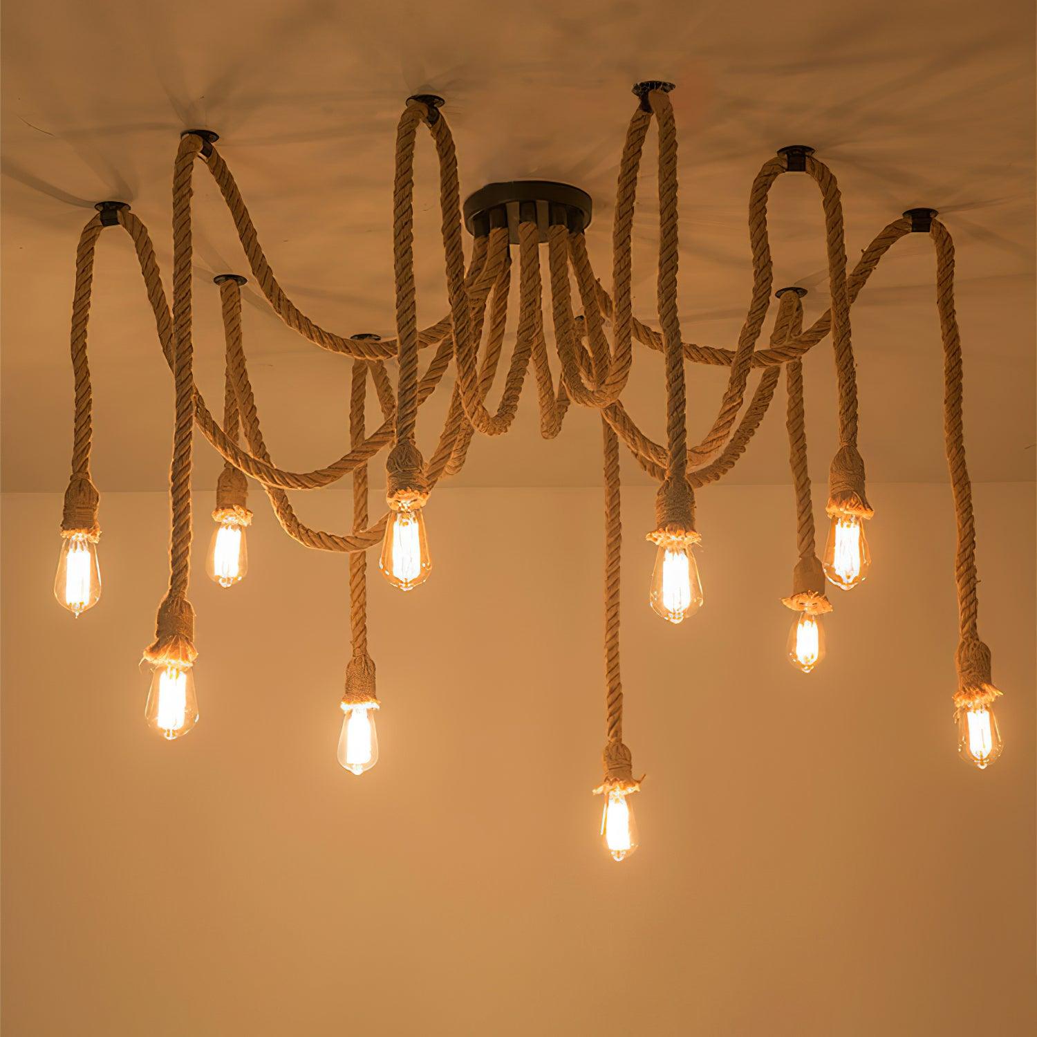 Natural Hemp Rope Scattered Flower Chandelier - Boho Home Decor for Living Room, Bedroom, or Wedding Venue