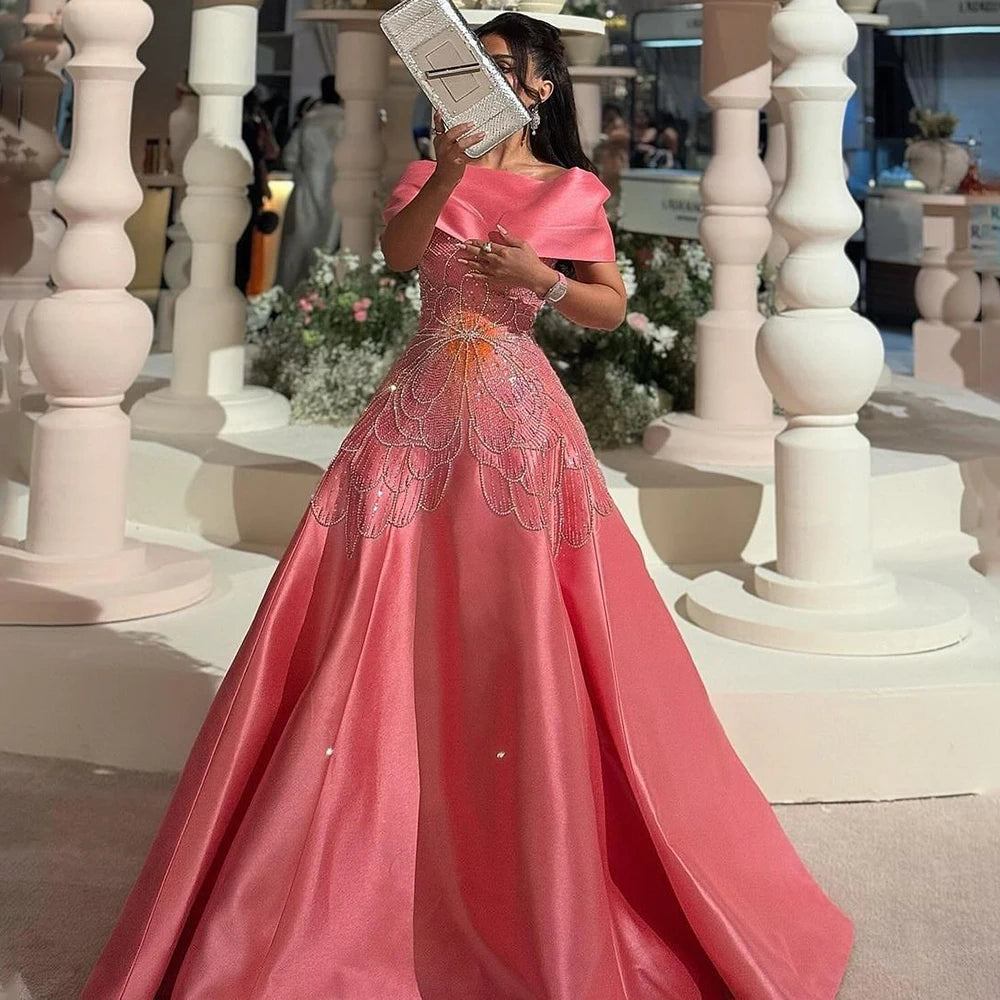 Luxury Dubai Arabic Pink A-Line Satin Beaded Saudi Evening Dress Gown for Women - Formal Occasion Wedding Party LA72195A | Elegant Islamic Abaya for Special Events & Celebrations