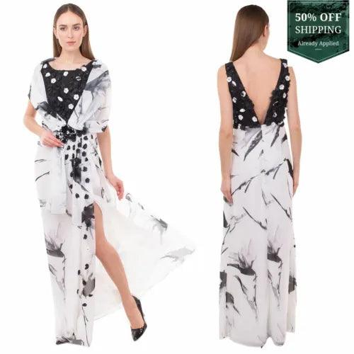 Antonio D'Errico Hand Embroidered Crepe Maxi Dress - Size 42 / S - Elegant Evening Wear & Summer Party Dress for Women