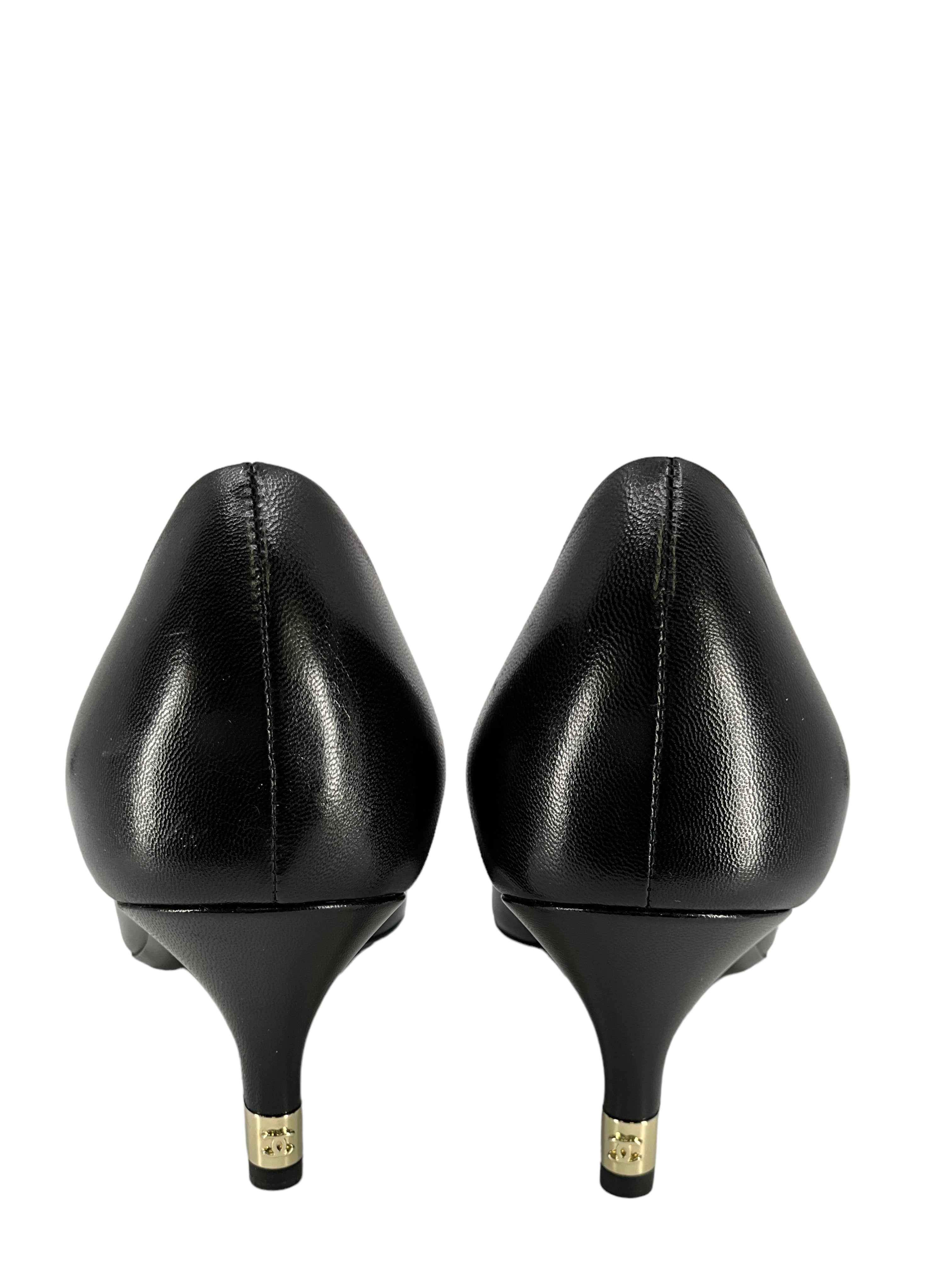 CHANEL Black Leather Cap Toe CC Logo Pearl Heel Pumps Women's Size 6.5 - Elegant Dress Shoes for Weddings, Parties & Formal Events