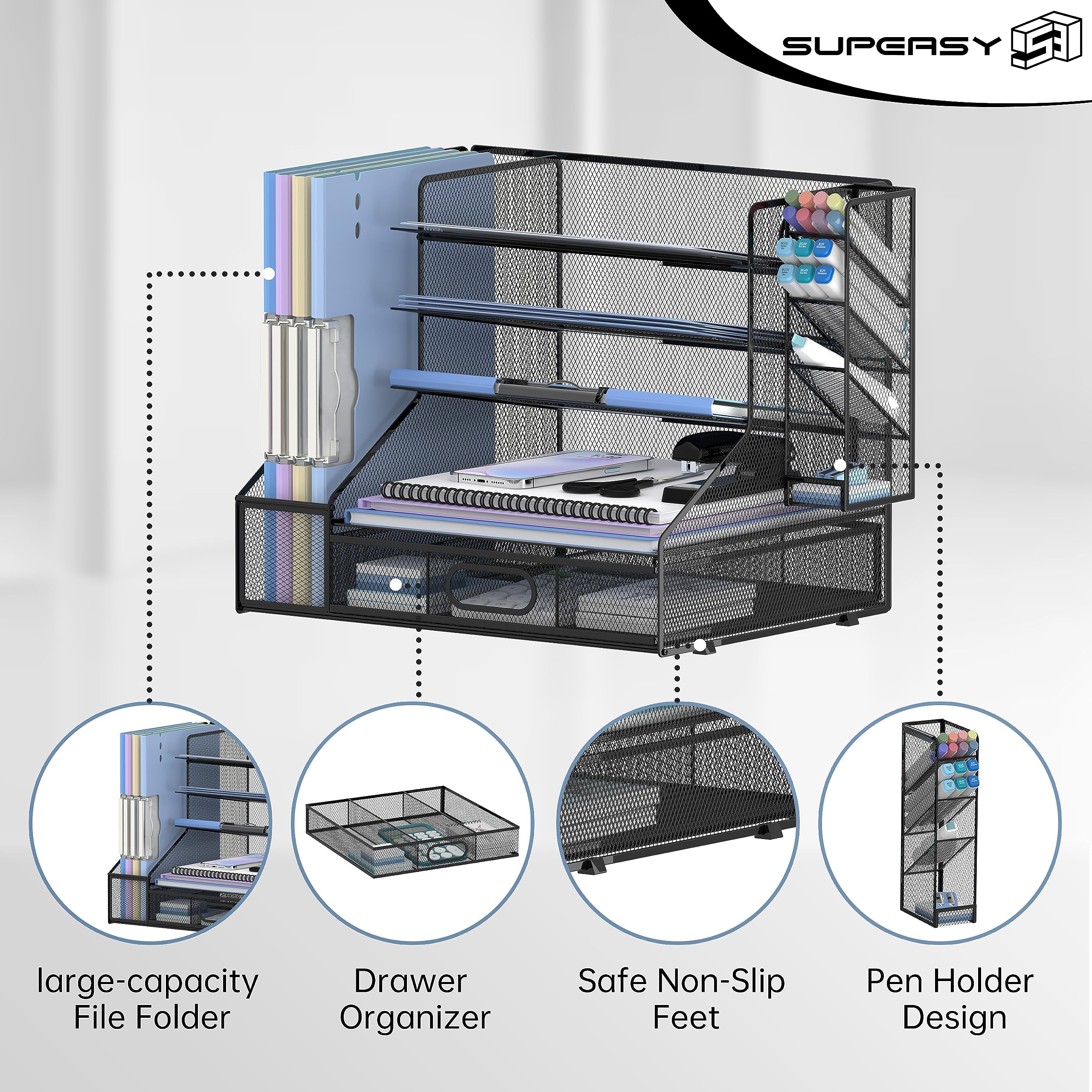 SUPEASY 5-Tier Mesh Desk Organizer with File Holder & 3 Tilted File Sorter - Black Office Supplies Storage for Documents, Papers, Letters | Perfect for Home Office, School, Workspace Organization