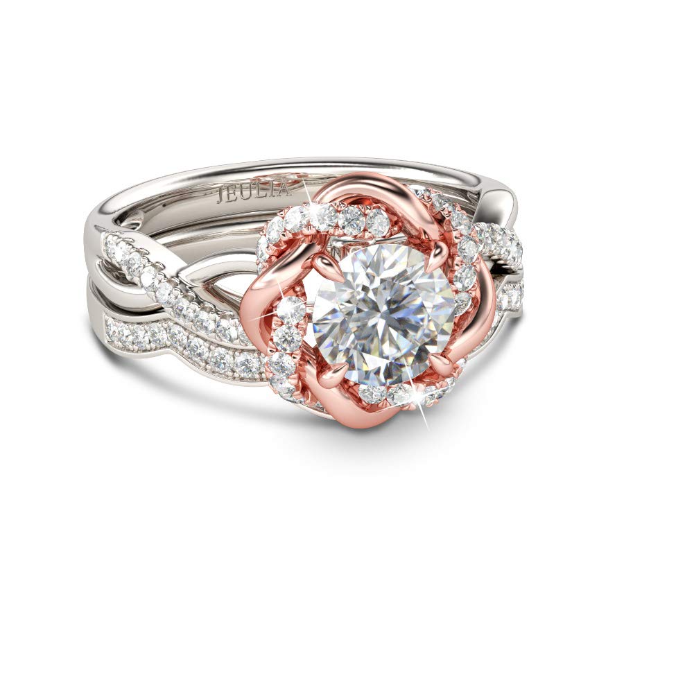 Jeulia Halo Solitaire Engagement Ring for Women - Sterling Silver Floral Diamond Ring with Rose Gold Plating, Round Cut Bridal Set, Anniversary & Promise Ring - Perfect for Proposals, Weddings, Anniversaries & Special Occasions