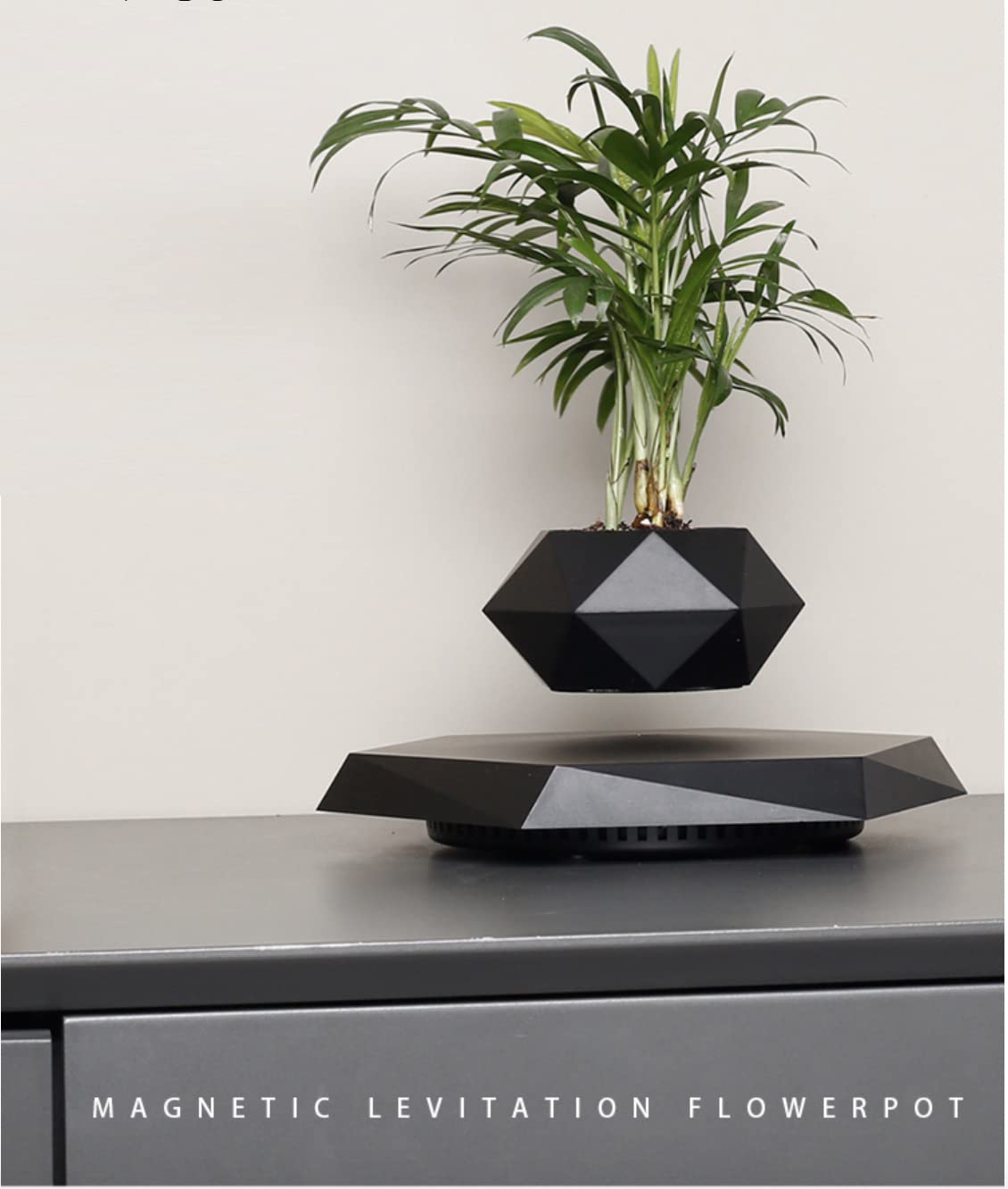 Floating Magnetic Levitating Flower Pot - Black Hexagon Air Bonsai Planter with 360° Rotation | Unique Home & Office Desk Decor for Modern Spaces