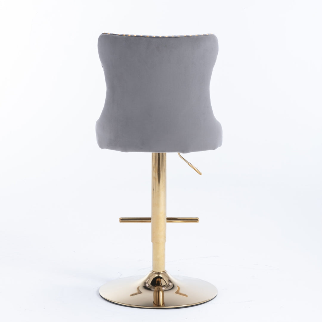 Adjustable Height Swivel Bar Stools with Footrest - Velvet Upholstered, Studded Design & Golden Metal Base (Grey) - Perfect for Kitchen Islands, Home Bars & Modern Dining Areas