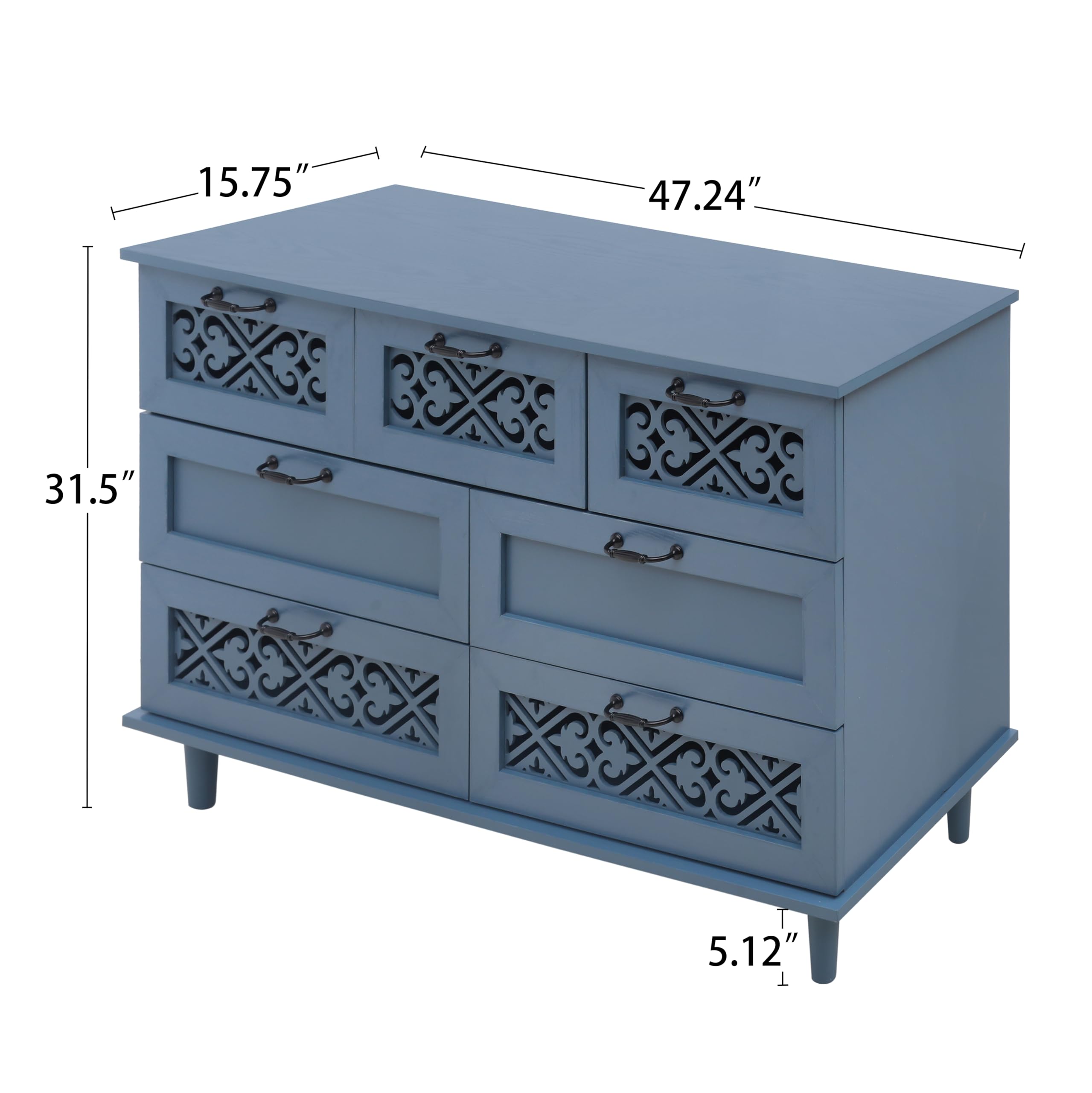 Solid Wood Sideboard Buffet Cabinet with 7 Drawers - Storage Console Table Dresser for Living Room, Bedroom, Entryway, Study - Perfect for Organizing Dishes, Linens & Home Decor (Blue)