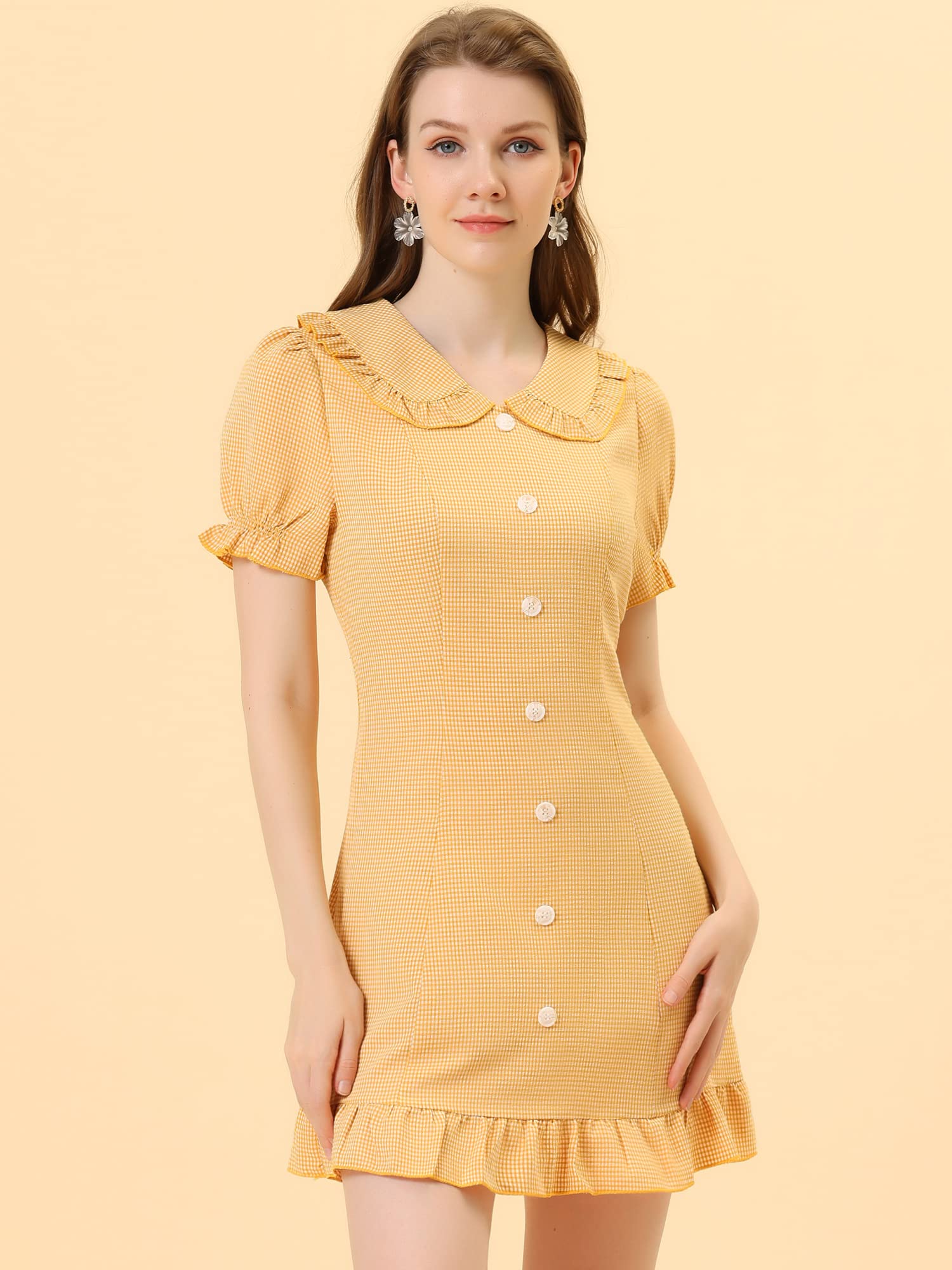 Allegra K Women's Plaid Gingham Ruffled Retro Peter Pan Collar Dress | Vintage Style Floral Print A-Line Dress | Perfect for Parties, Weddings & Casual Outings
