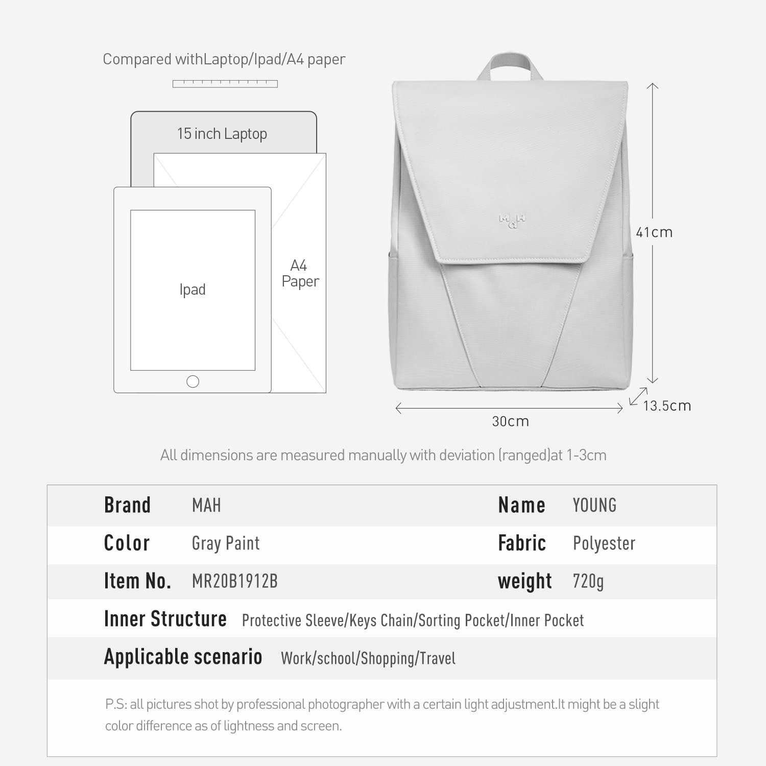 MAH Travel Laptop Backpack - 15.6 Inch Water Resistant Business Backpack for Men & Women, Lightweight College Bookbag with USB Charging Port (Gray) - Perfect for Commuting, School & Business Travel