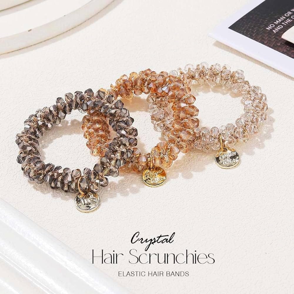 ADORNISH Crystal Hair Ties - Elegant White Elastic Scrunchies with Beaded Ponytail Holders for Women & Girls (3-Pack) | Perfect for Weddings, Parties & Everyday Hair Accessories