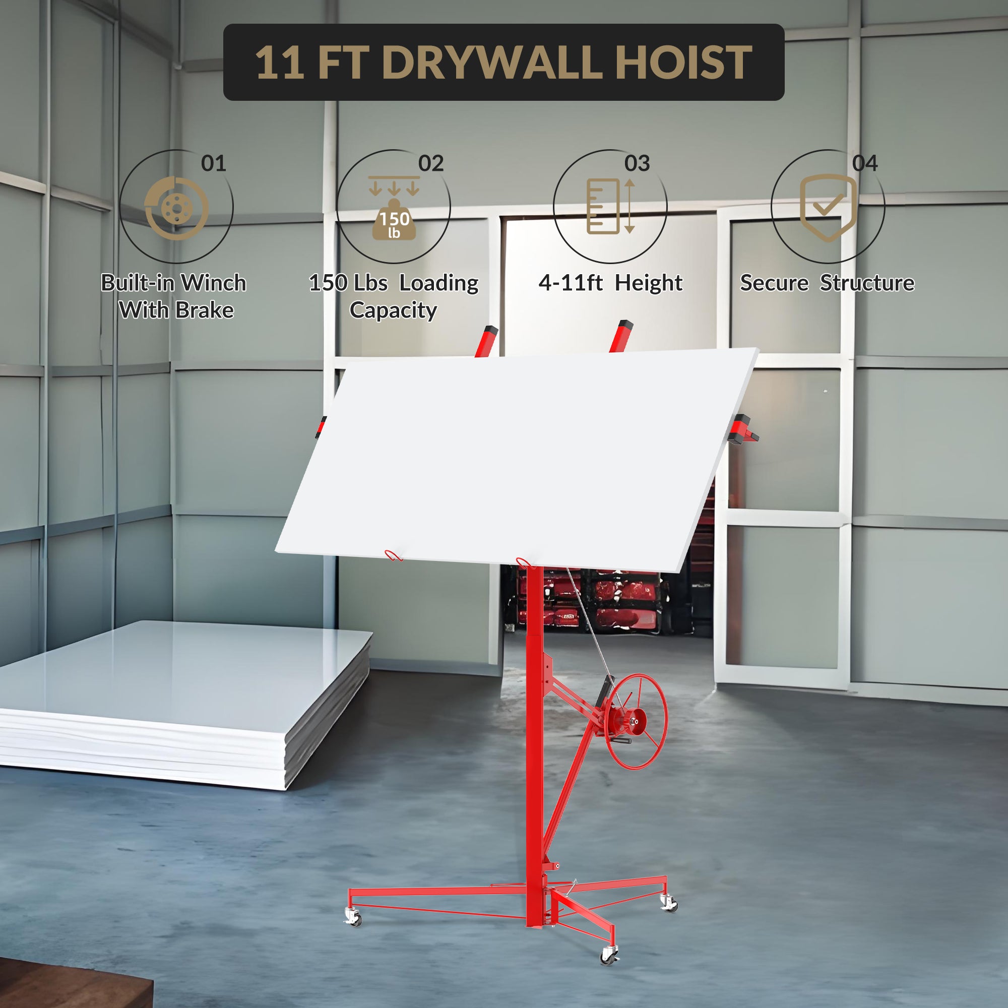 GARVEE 16ft Drywall Lift 150 lbs Capacity - 360° Adjustable Telescopic Arm with Locking Wheels for Sheetrock Panel Hoisting | Perfect for Ceiling Installation & DIY Home Renovation Projects