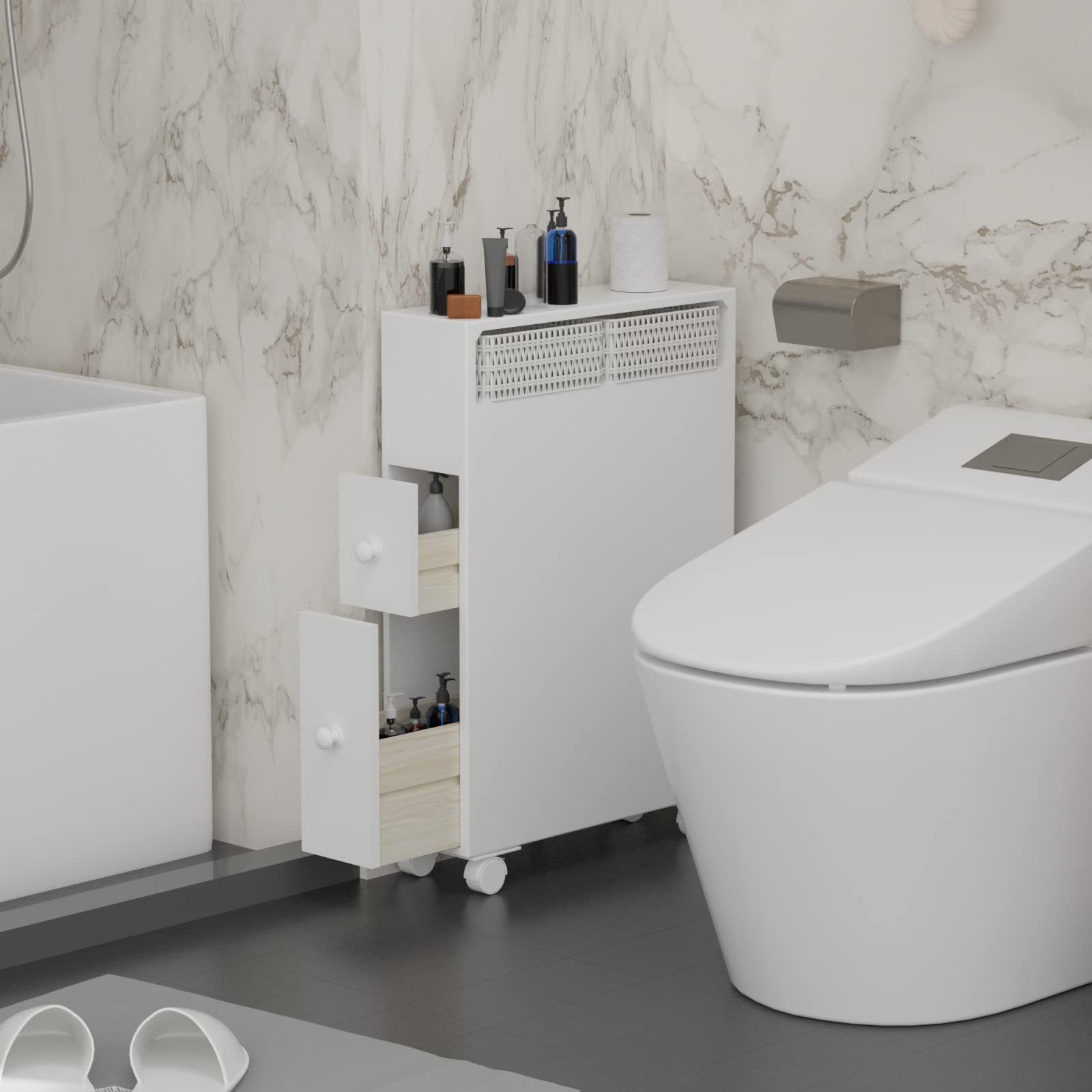 MASAKA Slim Bathroom Storage Cabinet with 2 Drawers & Shelf - Space Saving Corner Organizer for Toilet Paper, Towels & Bath Essentials - Perfect for Small Bathrooms, Apartments & Powder Rooms