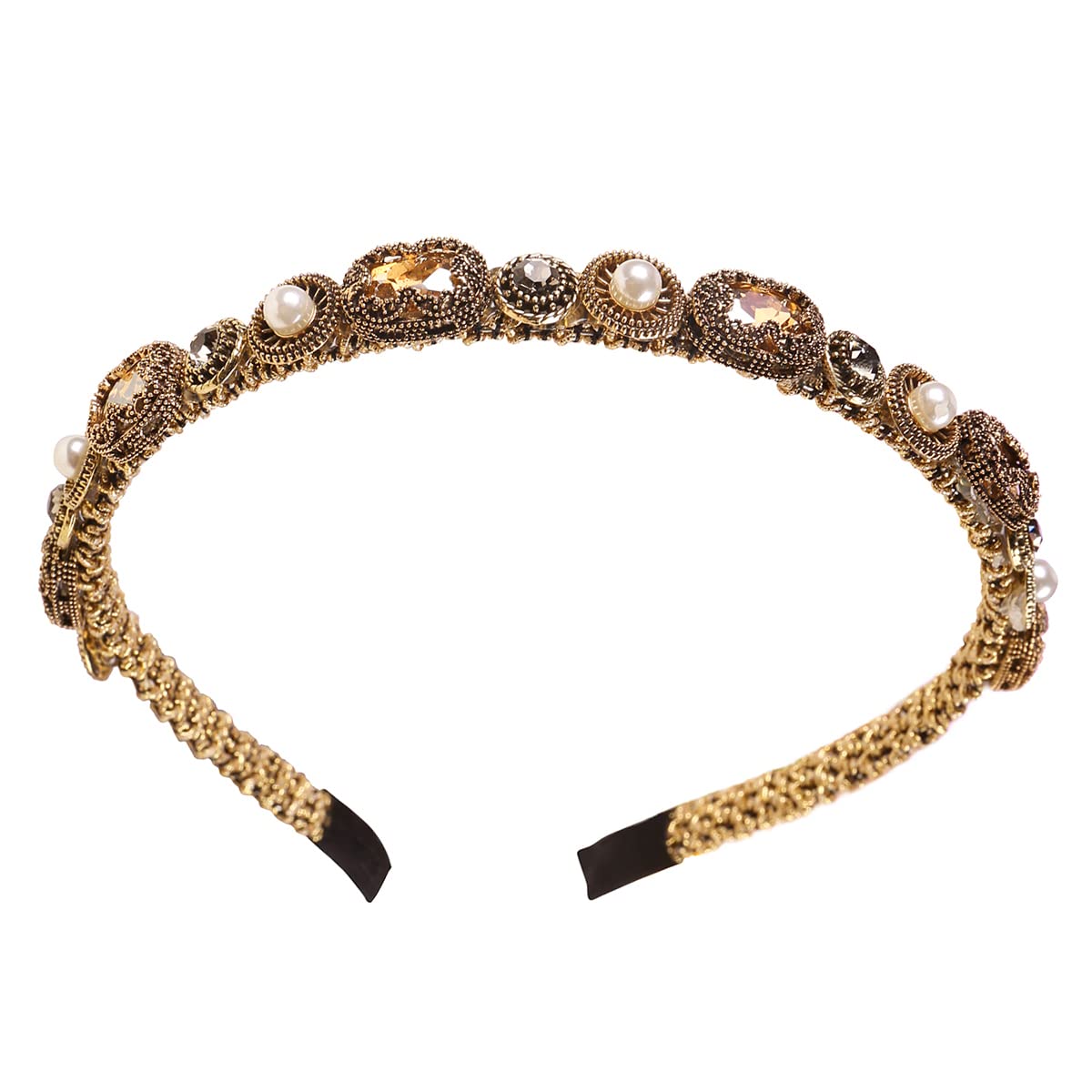 YARN & INK Gold Rhinestone Pearls Headbands for Women & Girls - Non-Slip Bling Hair Accessories for Parties, Weddings & Christmas Gifts (Baroque Champagne)