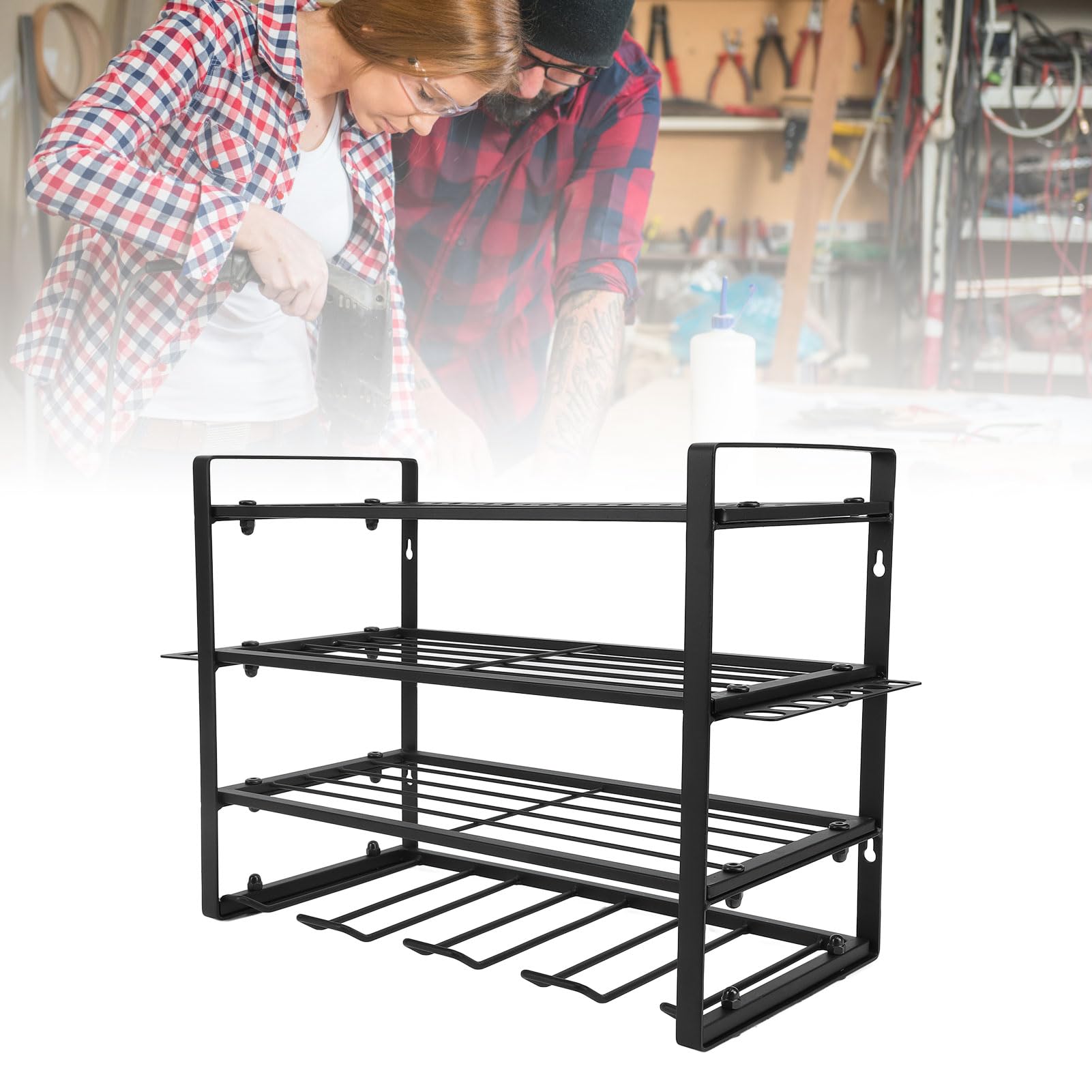 Heavy Duty Wall Mount Power Tool Organizer - 4 Layer Drill Holder & Storage Rack with Nut Screw for Cordless Drills | Garage Workshop Tool Organization Solution