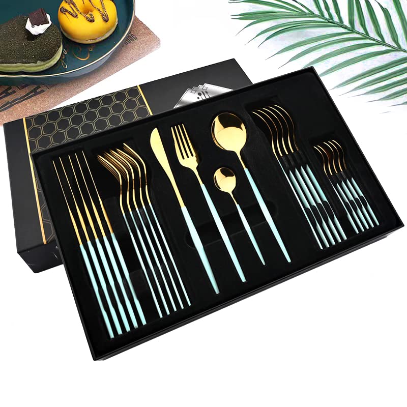 Premium 24-Piece Stainless Steel Flatware Set - Mint Green & Gold Mirror Finish Cutlery Set with Gift Box, Service for 6 | Elegant Tableware for Dinner Parties, Wedding Gifts & Home Decor