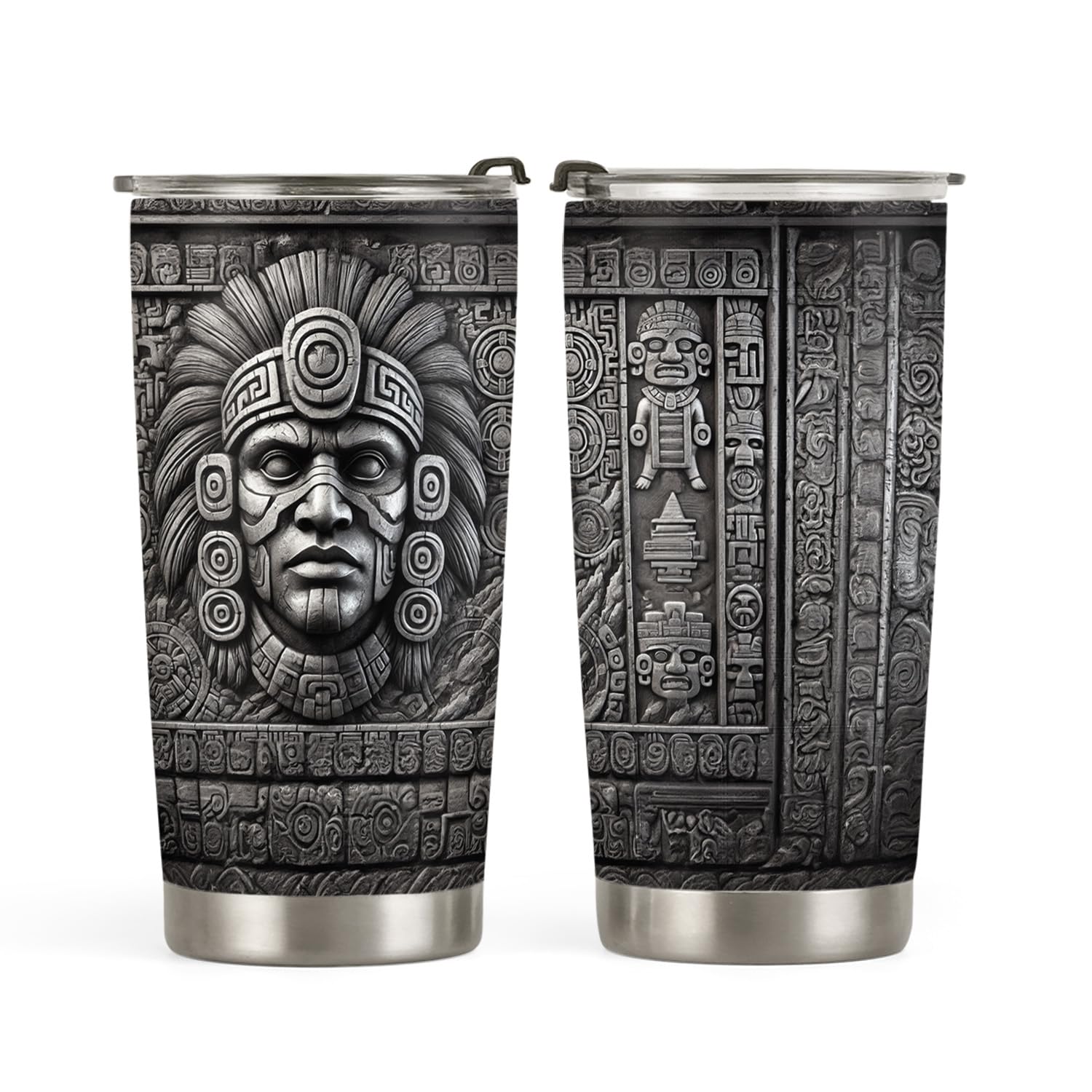 20oz Mexico Aztec Warrior Tumbler - Stainless Steel Double Wall Vacuum Insulated Coffee Mug with Lid - Mexican Gifts for Men - Mayan Aztec Printed Metal Travel Cup - Perfect for Coffee, Tea & Hot/Cold Drinks on the Go, Office, Camping & Outdoor Adventures