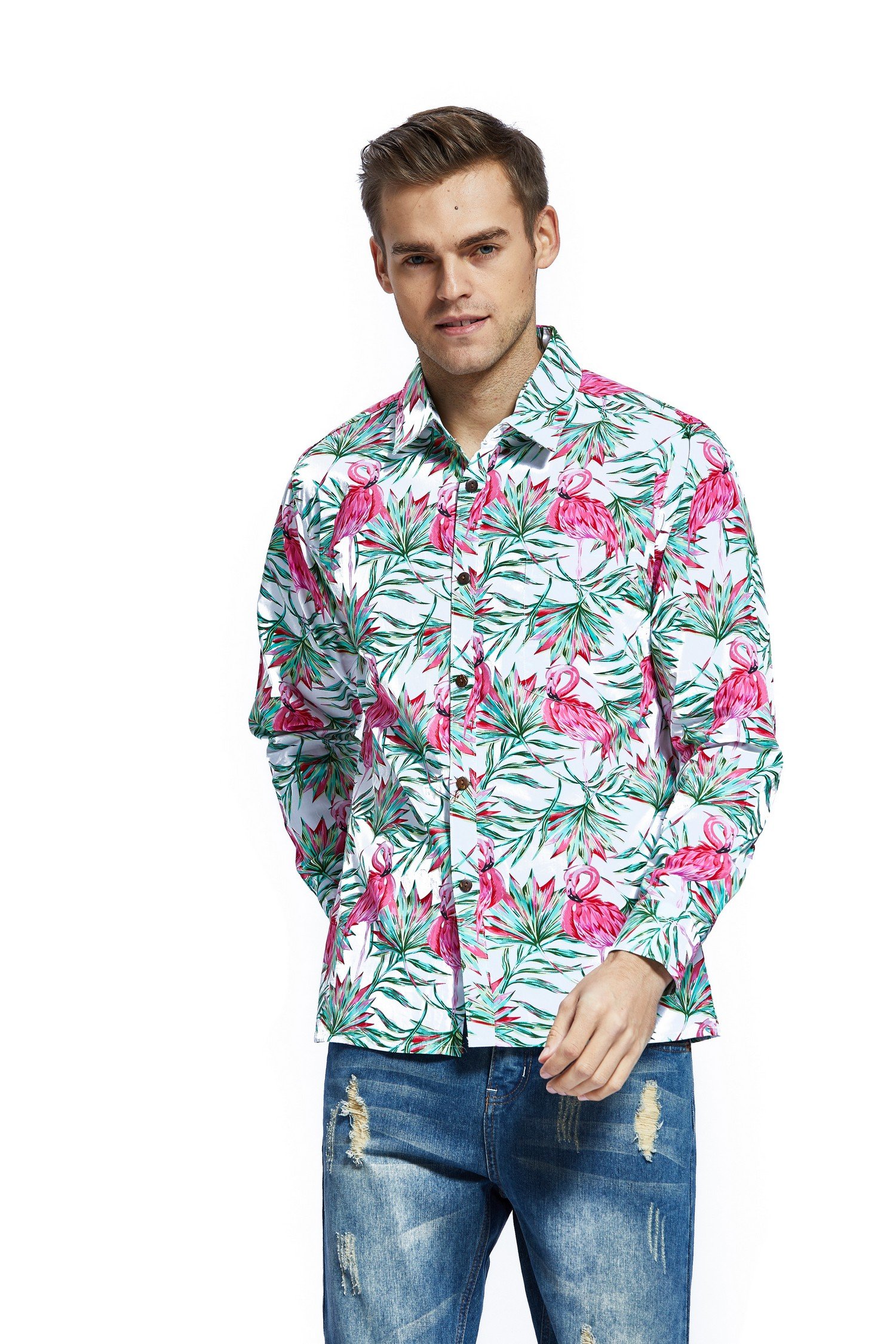 Couple Matching Hawaiian Luau Cruise Outfits - Flamingo in Love Shirts & Tank Dresses for Beach Vacations, Tropical Getaways & Romantic Date Nights