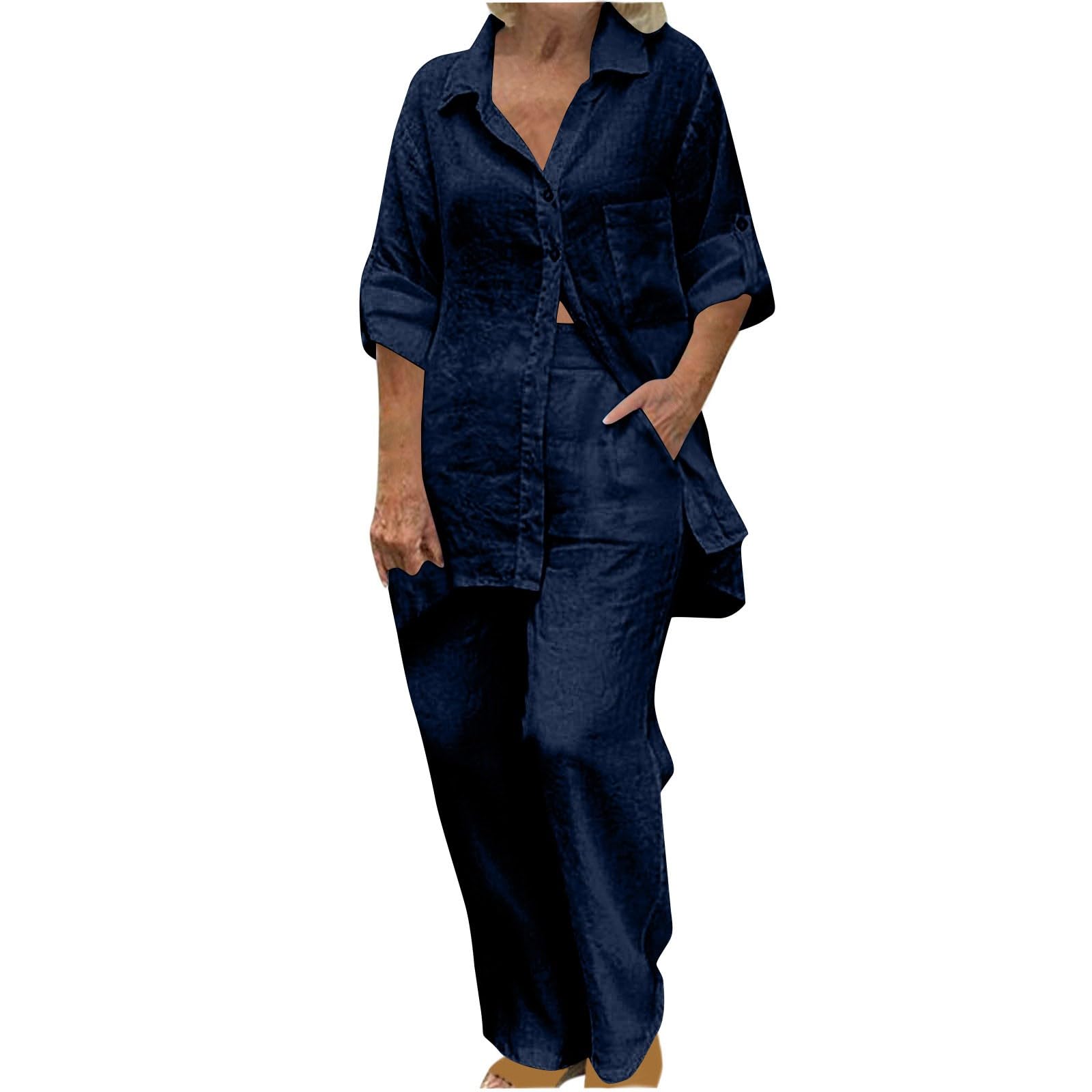 Women's Two Piece Outfits - Oversized Long Sleeve Tops & Pants Sets for Fall & Spring | Casual Cotton Linen Lounge Wear with Pockets | Perfect for Work, Travel & Everyday Comfort