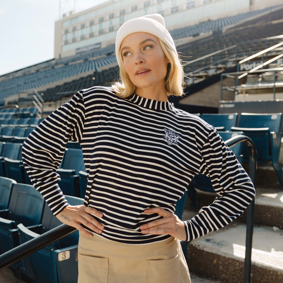 BYU Coco Long Sleeve T-Shirt for Women - Navy Blue Striped Casual Top - Perfect for Work, Travel and Everyday Wear
