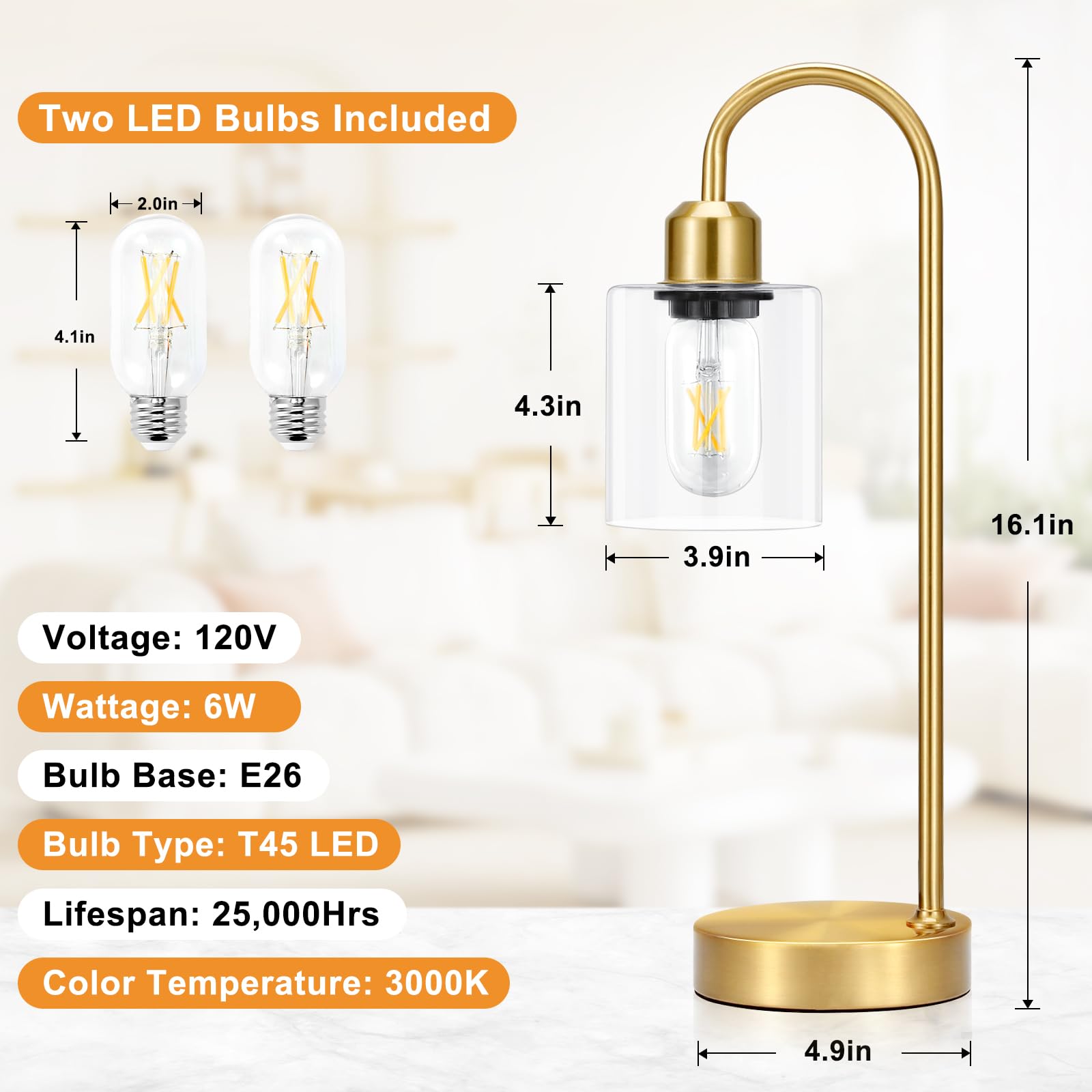 Premium Industrial Gold Table Lamps Set of 2 - 3-Way Dimmable Touch Control LED Desk Lamps with USB-C & USB-A Charging Ports, Modern Glass Shade Nightstand Lamps for Bedroom, Living Room, Office - Includes Energy Efficient LED Bulbs (Perfect for Reading, Working & Ambient Lighting)