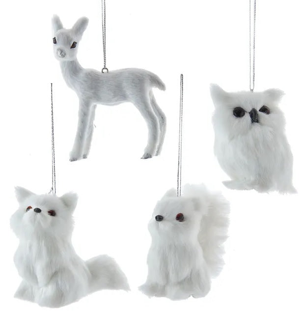 3 Pack Furry Winter White Wildlife Ornaments - Cute Fox, Rabbit & Deer Christmas Tree Decorations for Holiday Home Decor, Gift Giving & Winter Wonderland Theme Party