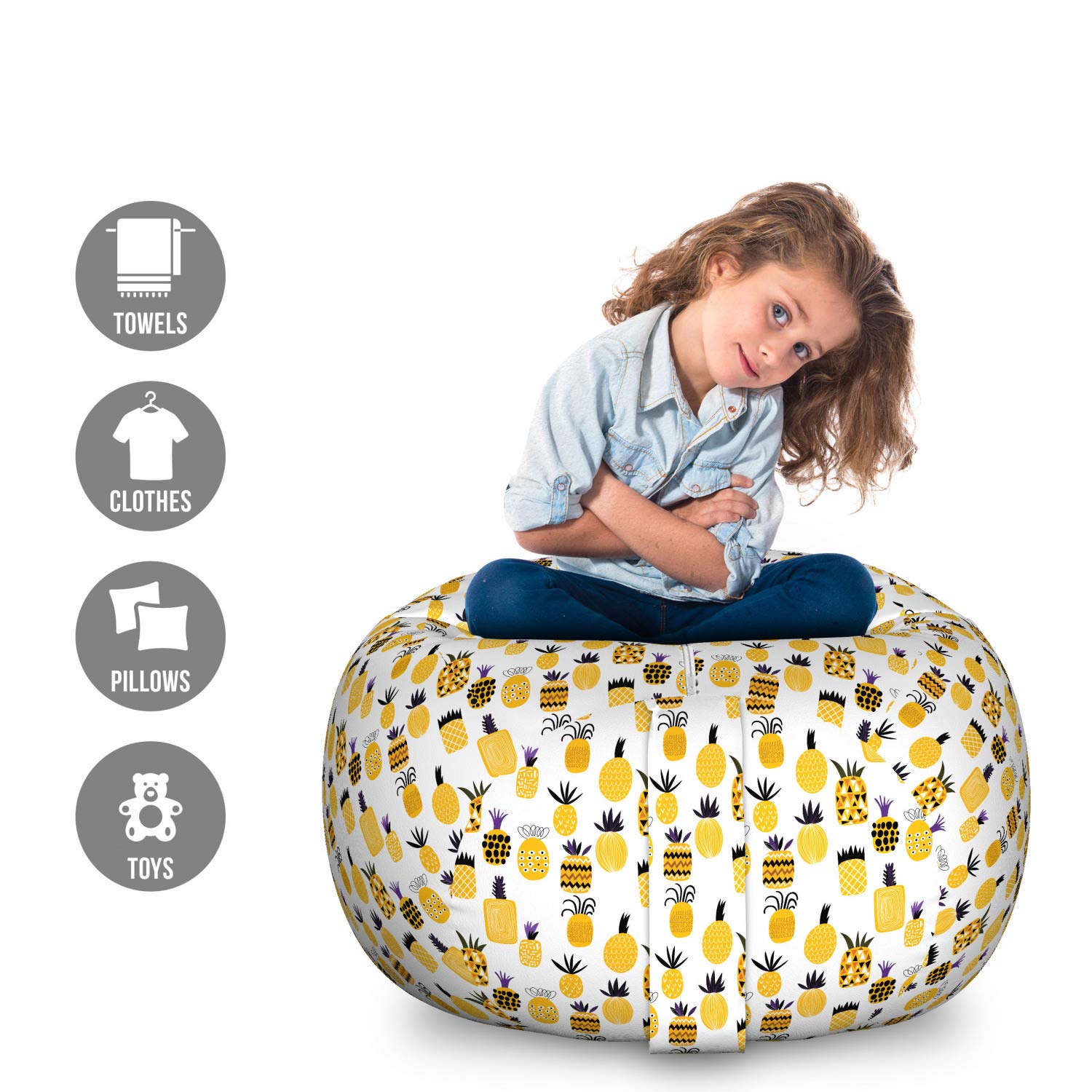 Ambesonne Yellow Storage Toy Bag Chair - Large Washable Stuffed Animal Organizer with Summertime Pineapple Beach Fruit Doodle Pattern | Kids Room Decor, Playroom Storage, Beach Chair for Toddlers