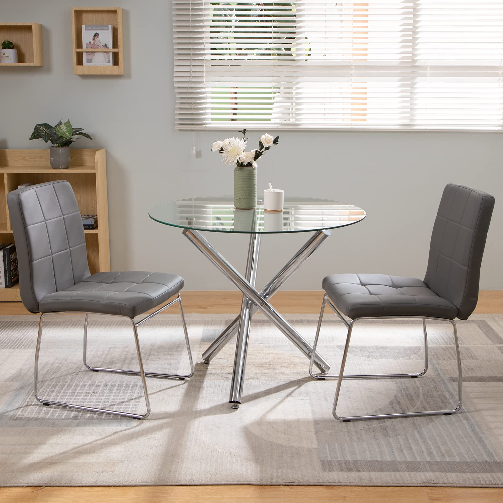 3-Piece Glass Dining Table Set for 2 with Faux Leather Chairs - Round Tempered Glass Table & Chrome Metal Legs - Comfortable Upholstered Seating for Kitchen, Living Room, Office or Waiting Area - Modern Small Space Dining Solution