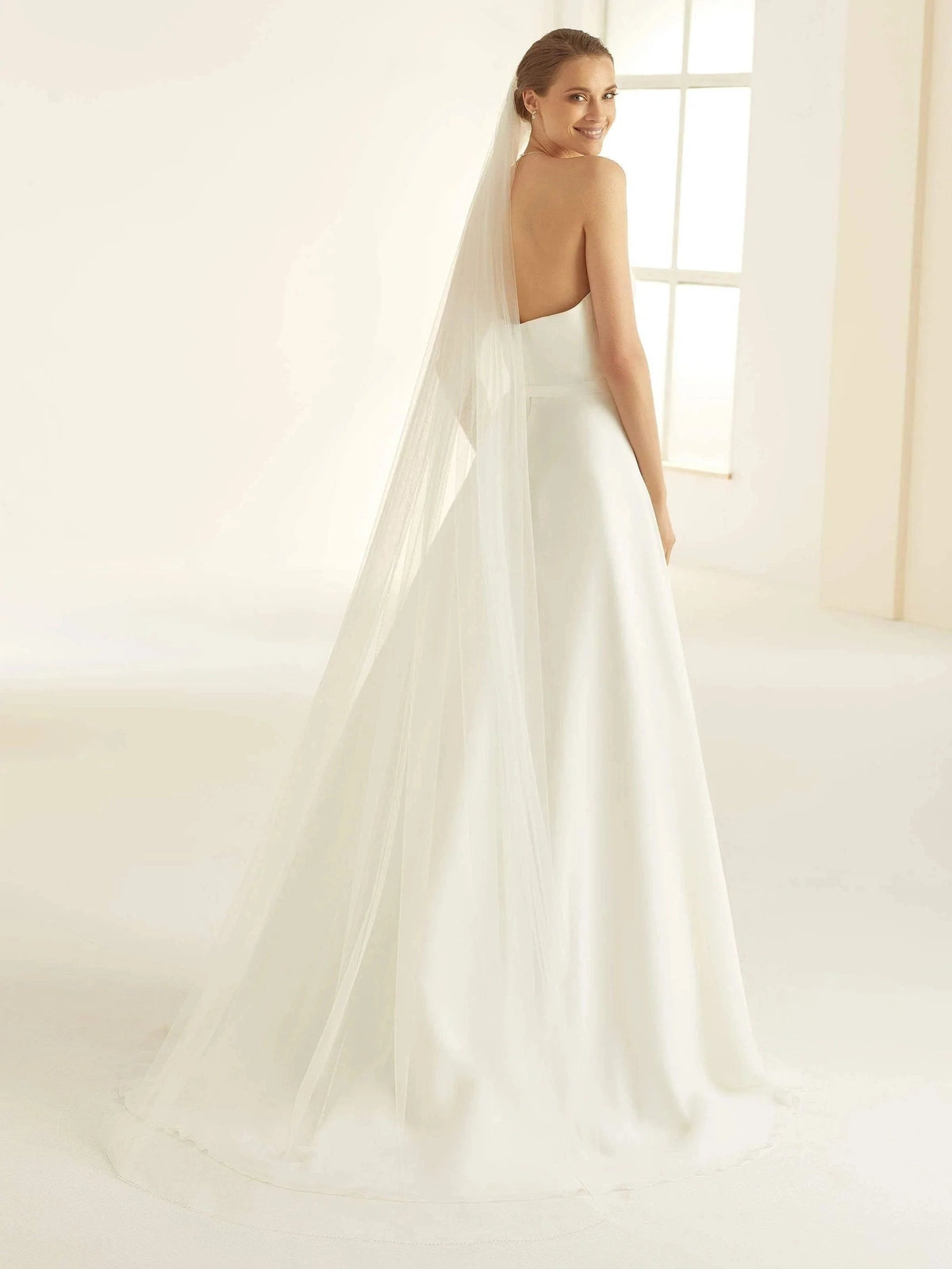 Single Tier Chapel Length Wedding Veil with Beaded Edge in Ivory - S346 | Elegant Bridal Accessory for Church Ceremonies & Formal Weddings