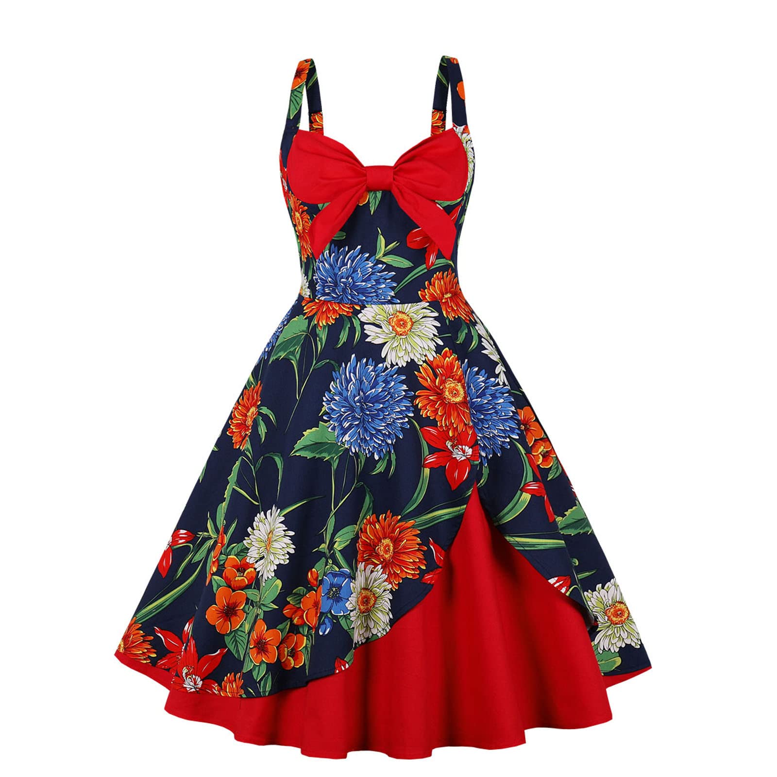 Vintage Rockabilly Swing Dress for Women - Retro Floral Bow Tea Dress with Contrast Panels, Perfect for Wedding Guest, Cocktail Party & Prom | Elegant 1950s Style Dress for Special Occasions