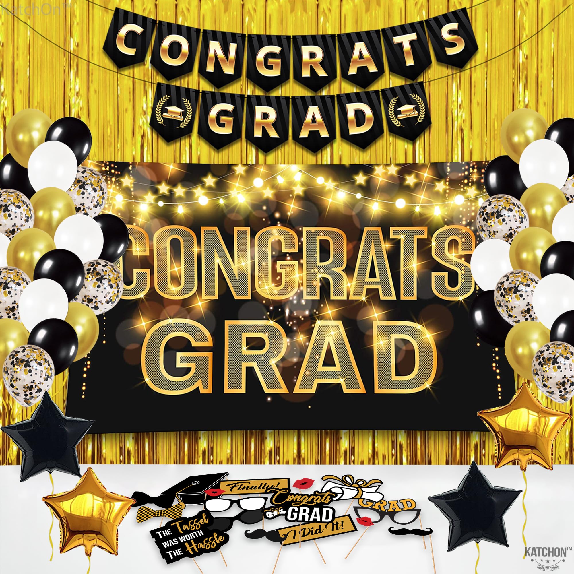 KatchOn Black & Gold Graduation Decorations Class of 2025 - 61-Piece Party Set with Congrats Grad Banner, Gold Foil Fringe Curtain & 2025 Balloons | Perfect for High School & College Graduation Parties, Photo Backdrops & Celebration Decor