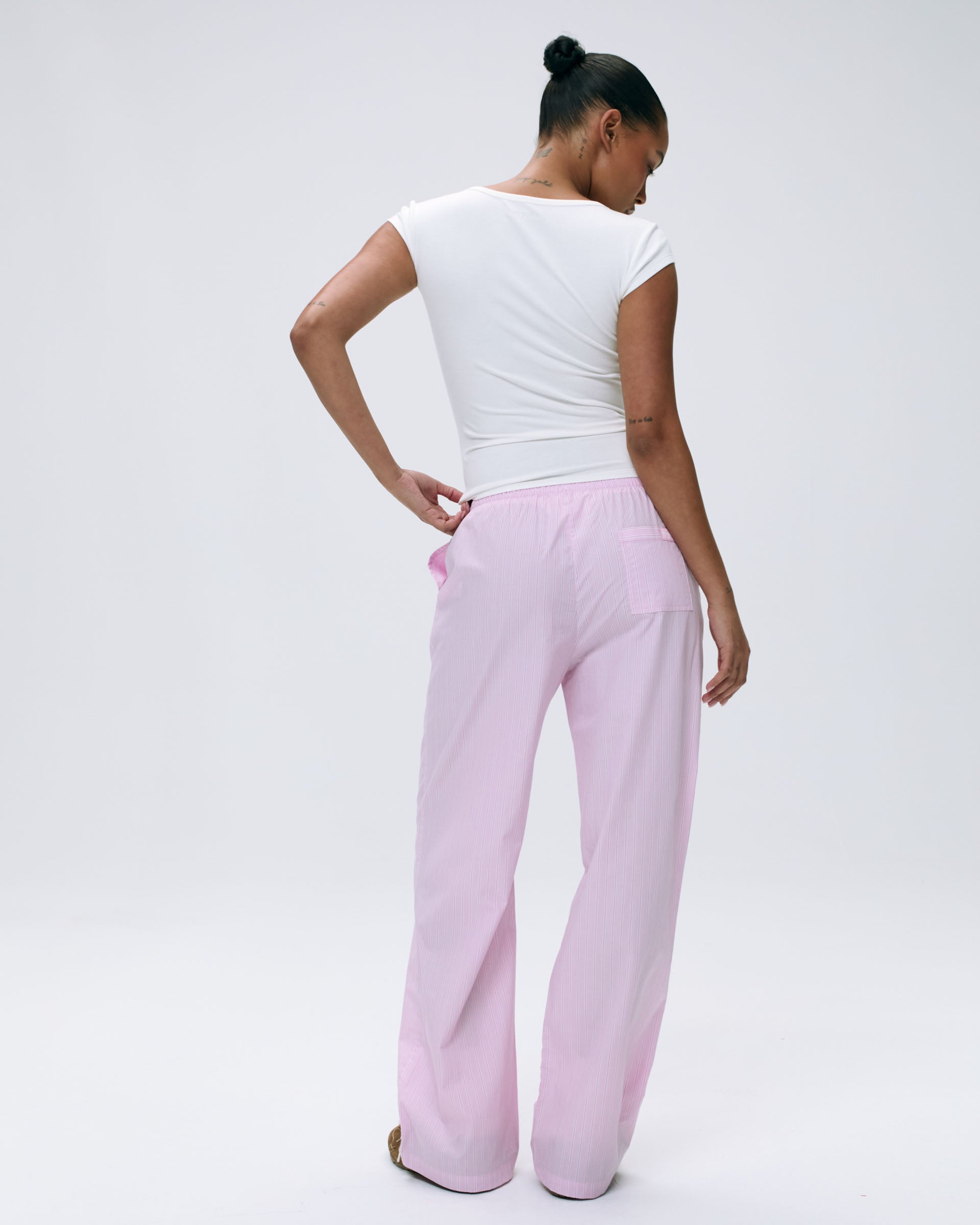 Soft Cotton Striped Pull-On Pants for Women - Comfortable Elastic Waist Lounge Pants in Pink & White | Perfect for Yoga, Home Wear, and Casual Outfits