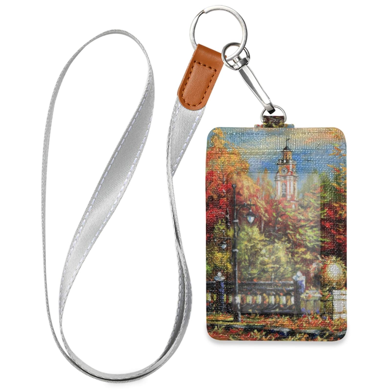 Vertical Leather ID Badge Holder with Lanyard - Office & School Staff Use