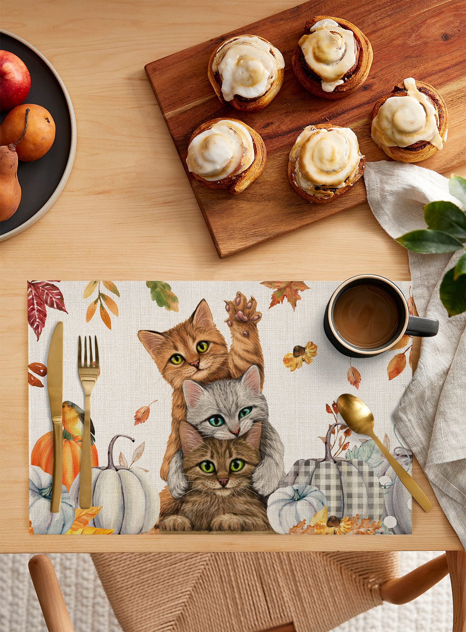 Thanksgiving Pumpkin Placemats Set of 4 - Cute Cat & Maple Leaf Fall Table Mats for Dining - Washable Indoor/Outdoor Decor for Home, Party, Wedding & Holiday | Perfect for Autumn Gatherings & Seasonal Tablescapes