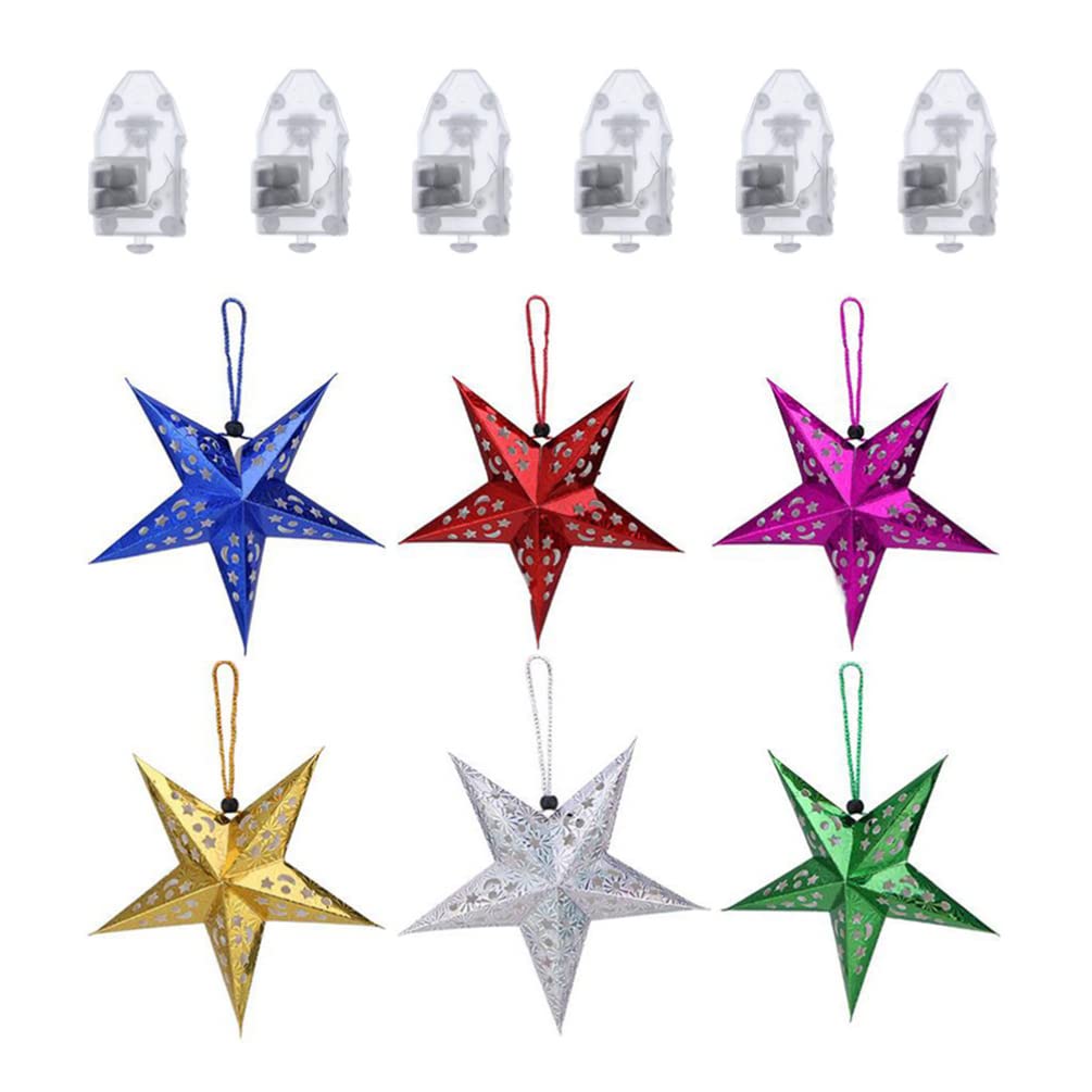 Beaupretty 3D Paper Star Lanterns - 5 Pointed Christmas Ornaments, Hollow Out Ceiling Lights for Holiday Wedding Party Decor (Set of 6) | Perfect for Christmas Tree Decorations, Bedroom Lighting, and Festive Home Decor