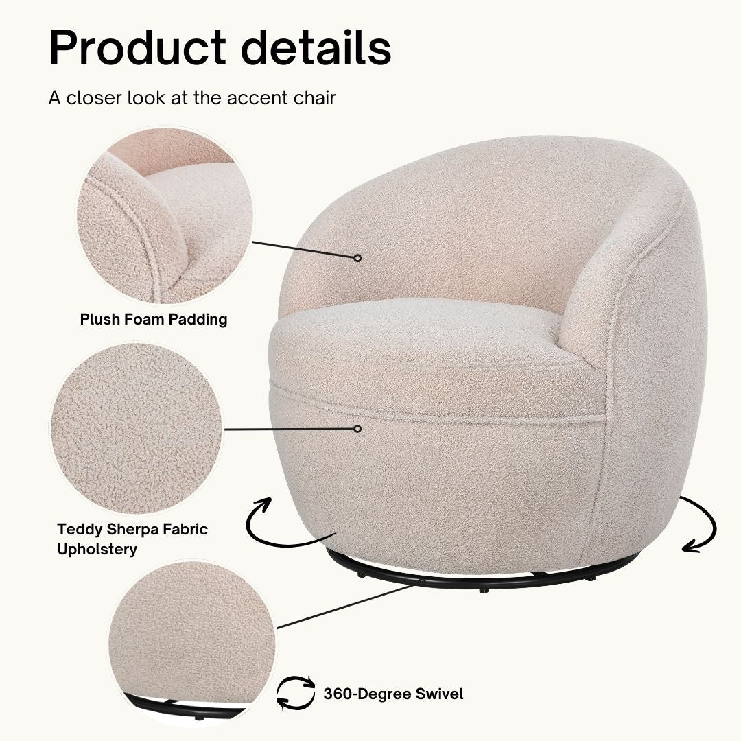 Roundhill Furniture Galleria 360 Swivel Faux Shearling Barrel Chair - Cozy Modern Accent Chair for Living Room, Bedroom & Office - Perfect for Reading, Relaxing & Home Decor