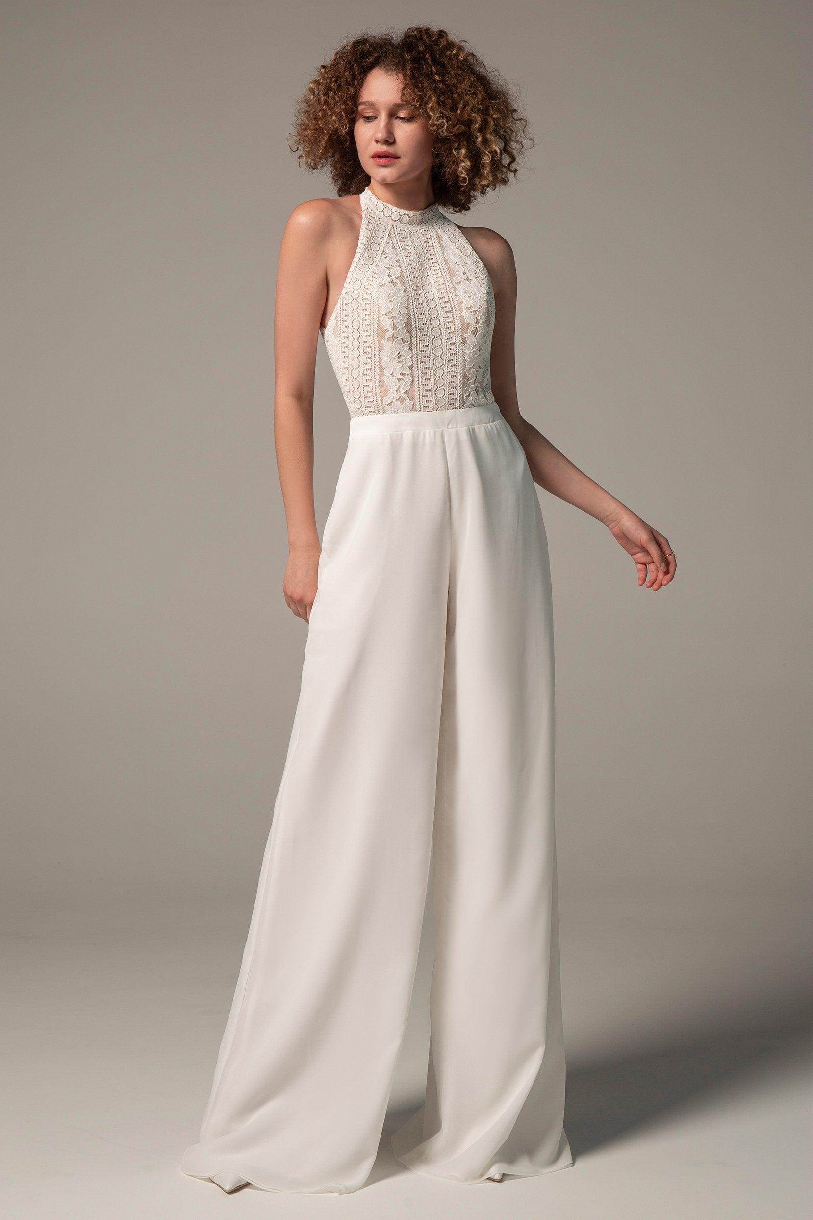 Elegant Floor Length Chiffon Lace Wedding Jumpsuit for Bride - CW2354 | Perfect for Beach, Garden & Formal Weddings