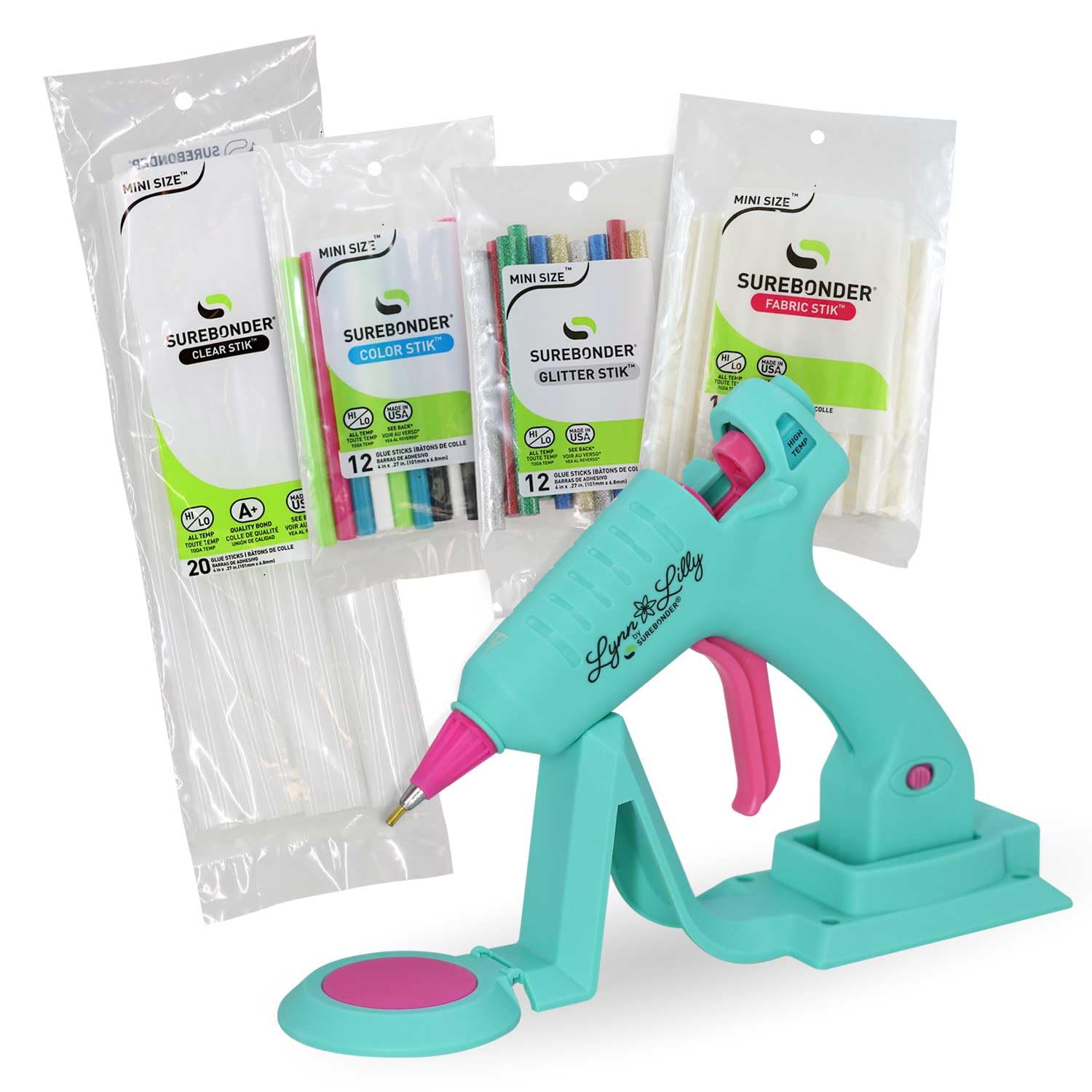 Surebonder Lynn Lilly Edition Cordless & Corded Mini Hot Glue Gun Kit - Fine Tip for Crafts, DIY, Fabric, Wood & Home Repairs - Includes All-Purpose, Color, Glitter & Fabric Glue Sticks - Perfect for Scrapbooking, Jewelry Making & School Projects (Blue)