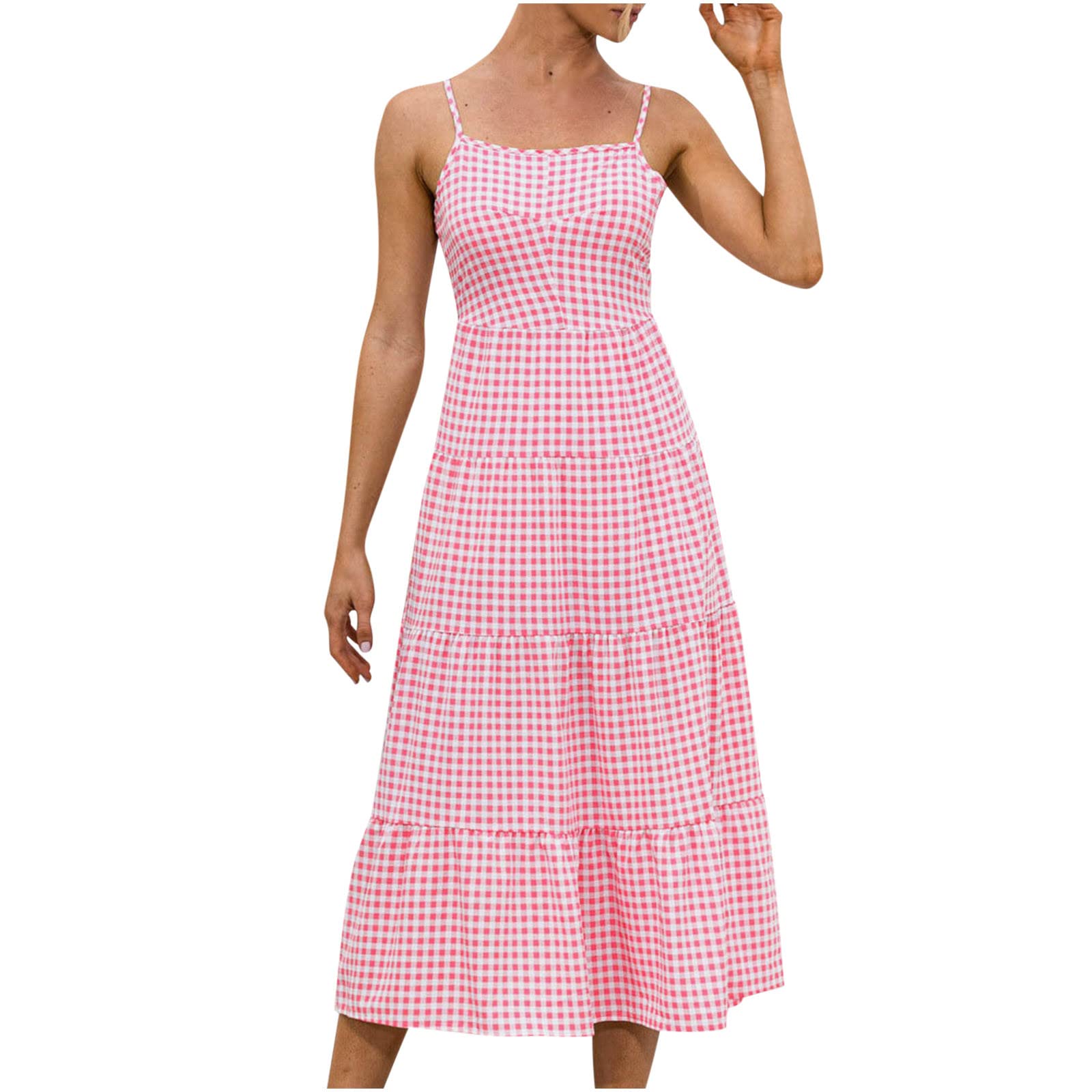 Women's Summer Sundresses 2024 - Casual Square Neck Sleeveless Open Back Lace Slim Fit Maxi Dress with Solid & Plaid Print | Beach Cover Up, Vacation Wear, Outdoor Picnic, Garden Party, Date Night Outfit