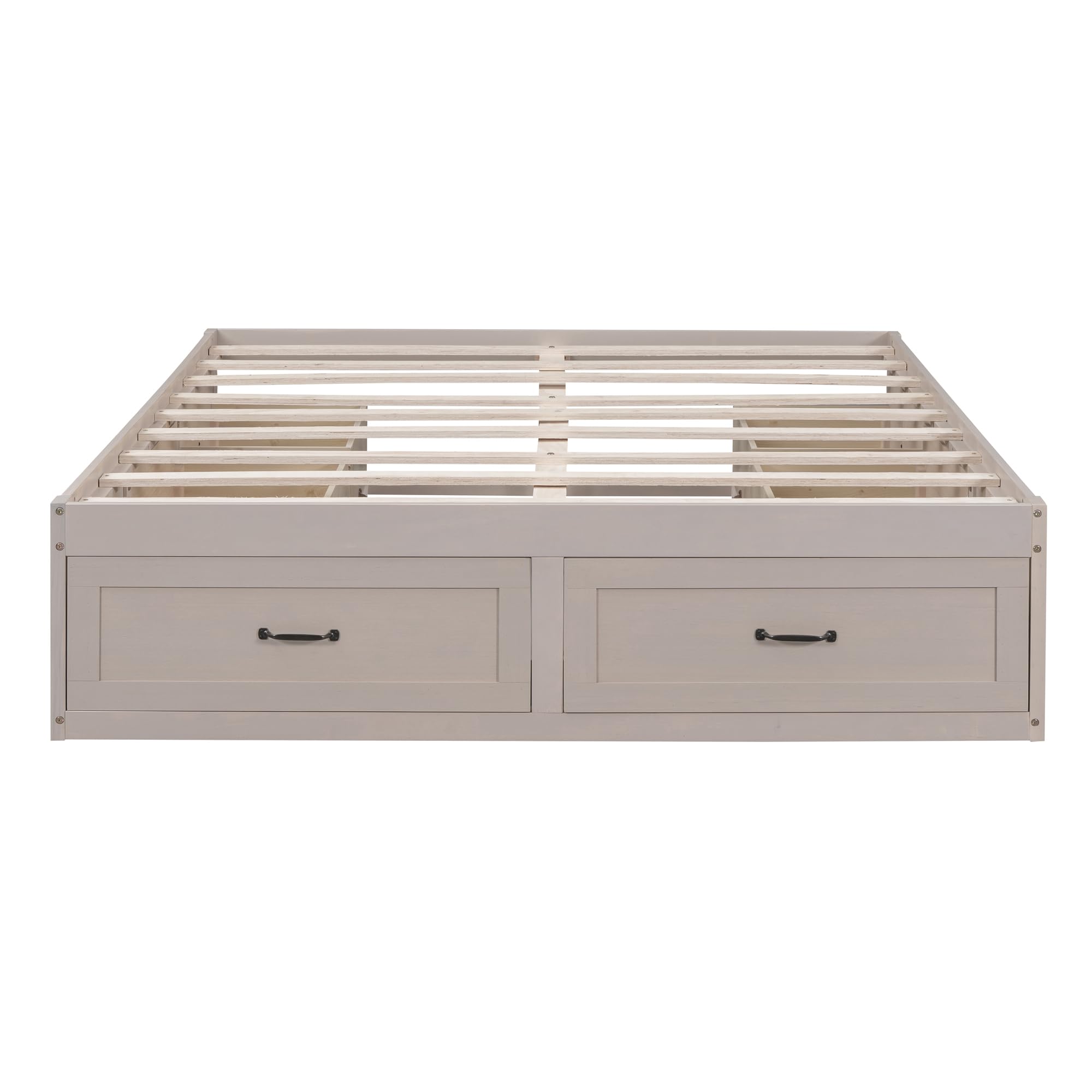 Rustic Wood Platform Bed Frame with 6 Storage Drawers - Full Size No Headboard Bed, Solid Wood Mattress Foundation (No Box Spring Needed) - Antique White Finish for Bedroom, Guest Room or Small Space