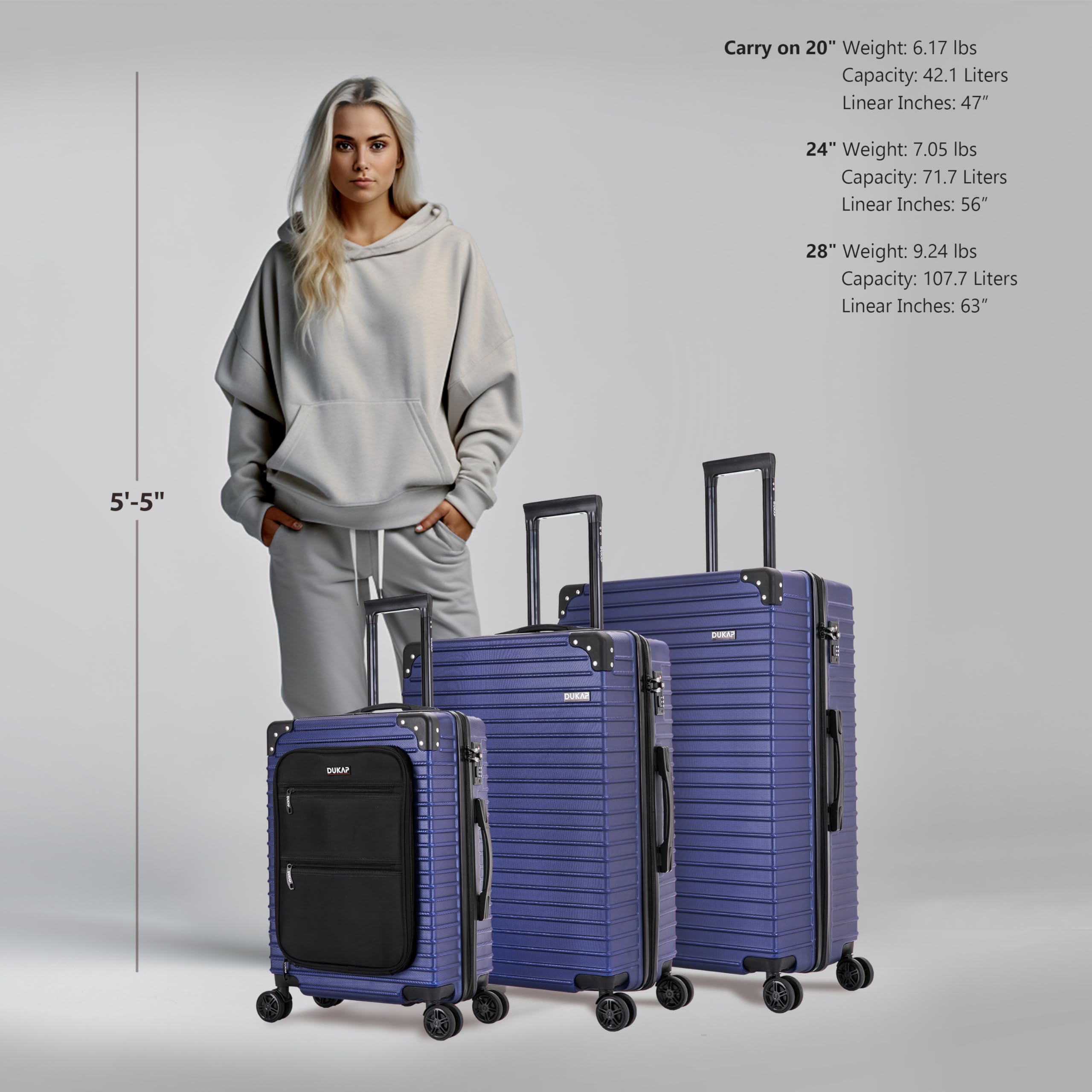 DUKAP TOUR 3-Piece Hardside Luggage Set with 360° Spinner Wheels - 20/24/28 Inch TSA Lock Suitcases with Ergonomic Gel Handle for Smooth Travel | Perfect for Business Trips, Family Vacations & International Travel (Blue)
