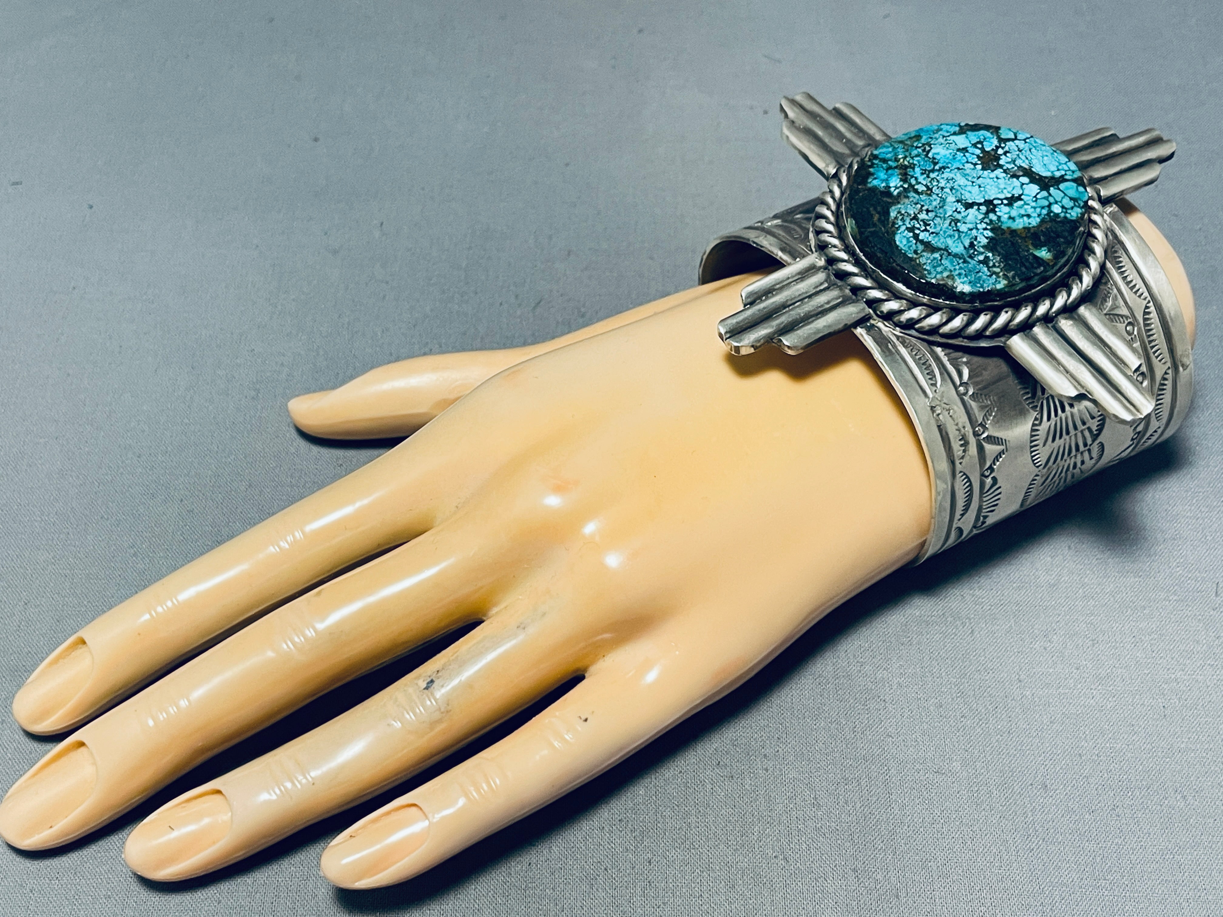 167g Rare Native American Navajo 8 Turquoise Sterling Silver Zia Bracelet - Handmade Southwest Jewelry for Women, Boho Fashion Accessory, Spiritual Gift for Healing & Protection
