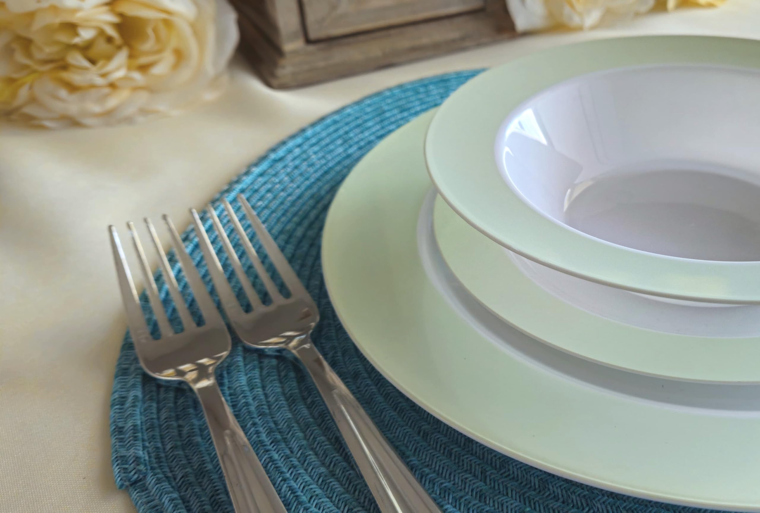 120-Piece Disposable Plastic Plates & Bowls Set - 12oz Soup Bowls for Weddings, Parties & Events (White & Pearled Green) - Perfect for Catering, Picnics & Family Gatherings