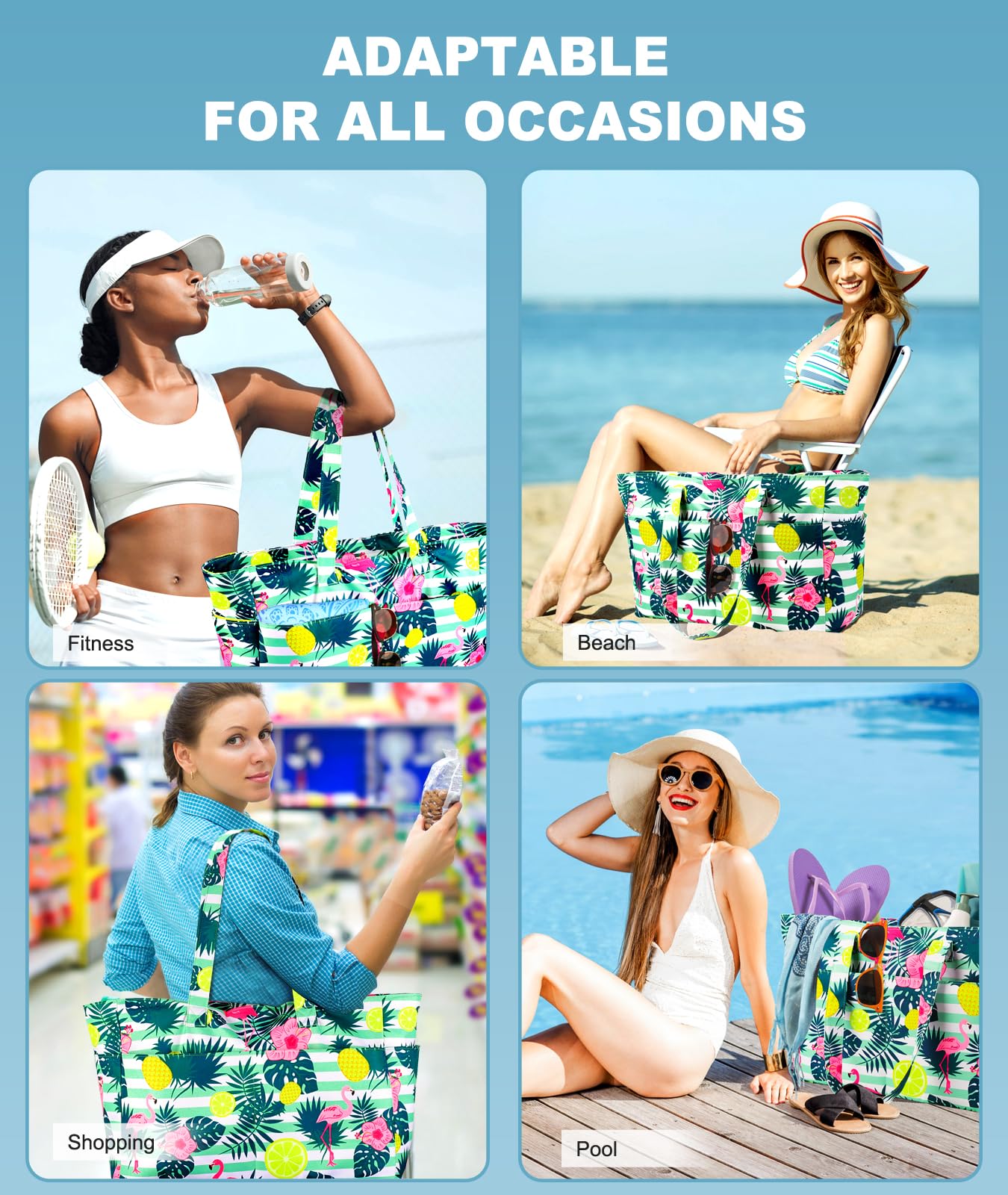**Extra Large Waterproof Beach Bag with Zipper & Wet Compartment - Lightweight Foldable Tote for Women, Travel, Pool, Gym & Vacation - Perfect for Weekender & Outdoor Activities**
